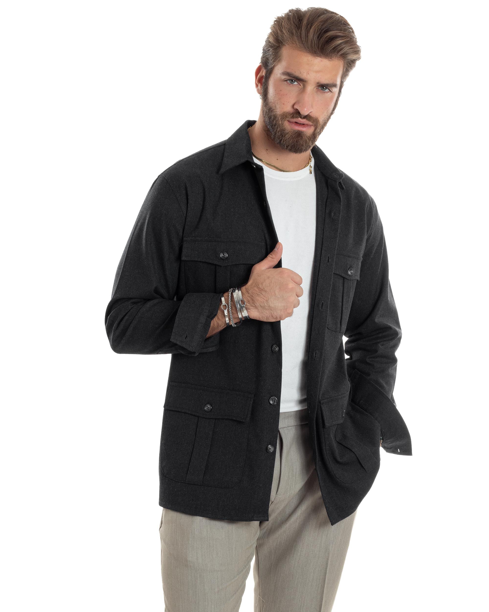 Giacca Sahariana Uomo Flanella Camicia Giubbotto Overshirt Tasconi E Colletto Camicione Casual Tinta Unita Nero GIOSAL-G3278A