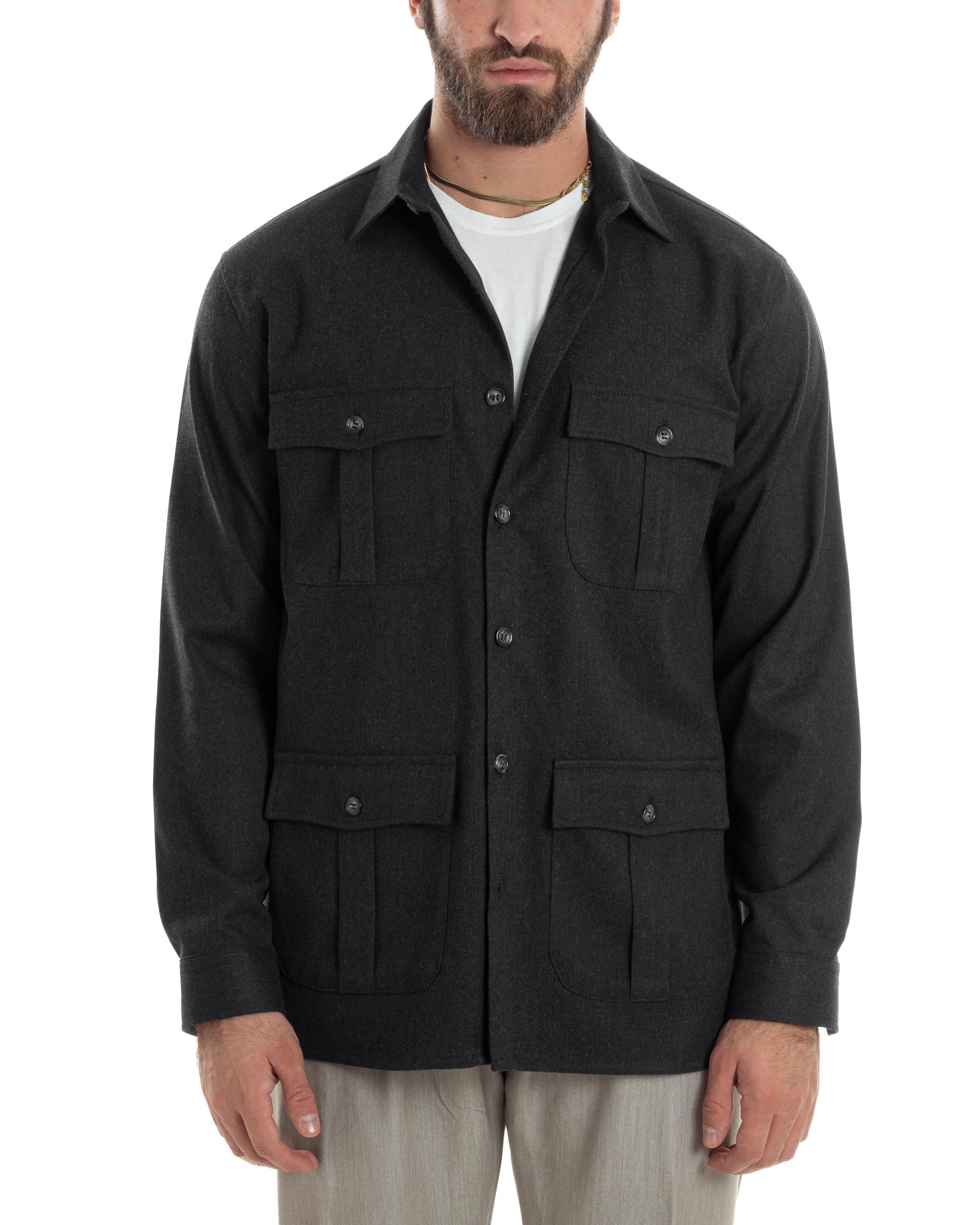 Giacca Sahariana Uomo Flanella Camicia Giubbotto Overshirt Tasconi E Colletto Camicione Casual Tinta Unita Nero GIOSAL-G3278A