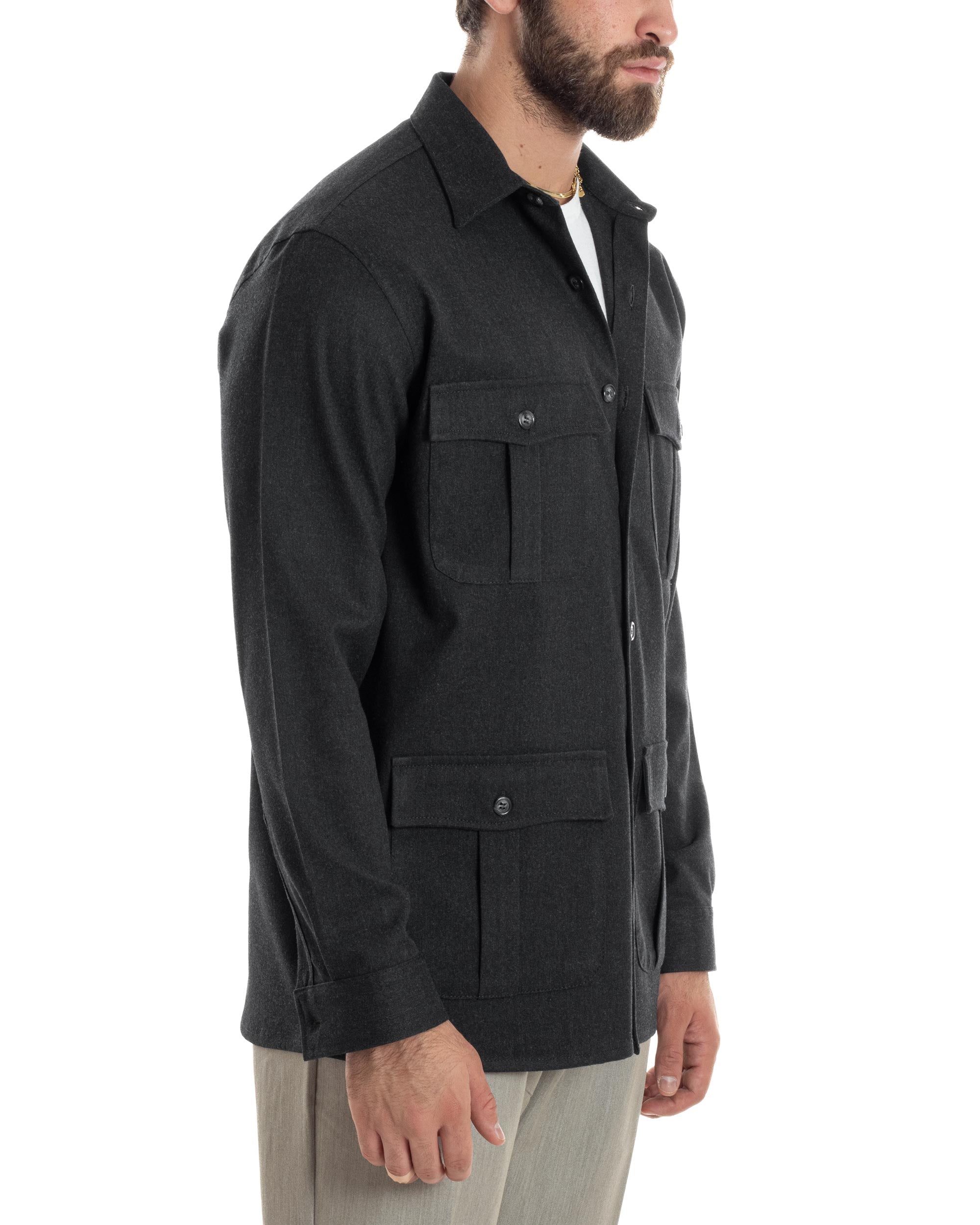 Giacca Sahariana Uomo Flanella Camicia Giubbotto Overshirt Tasconi E Colletto Camicione Casual Tinta Unita Nero GIOSAL-G3278A