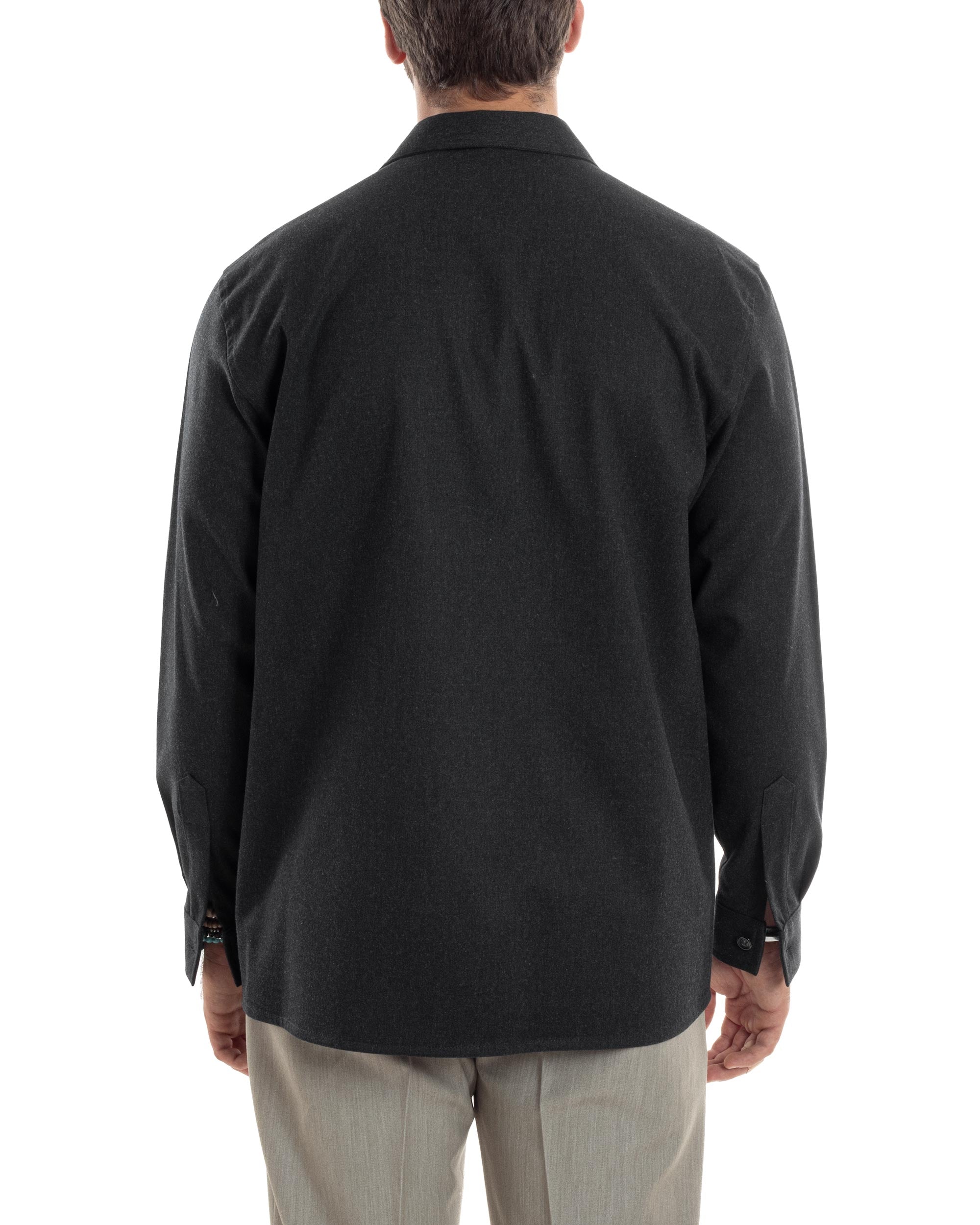 Giacca Sahariana Uomo Flanella Camicia Giubbotto Overshirt Tasconi E Colletto Camicione Casual Tinta Unita Nero GIOSAL-G3278A