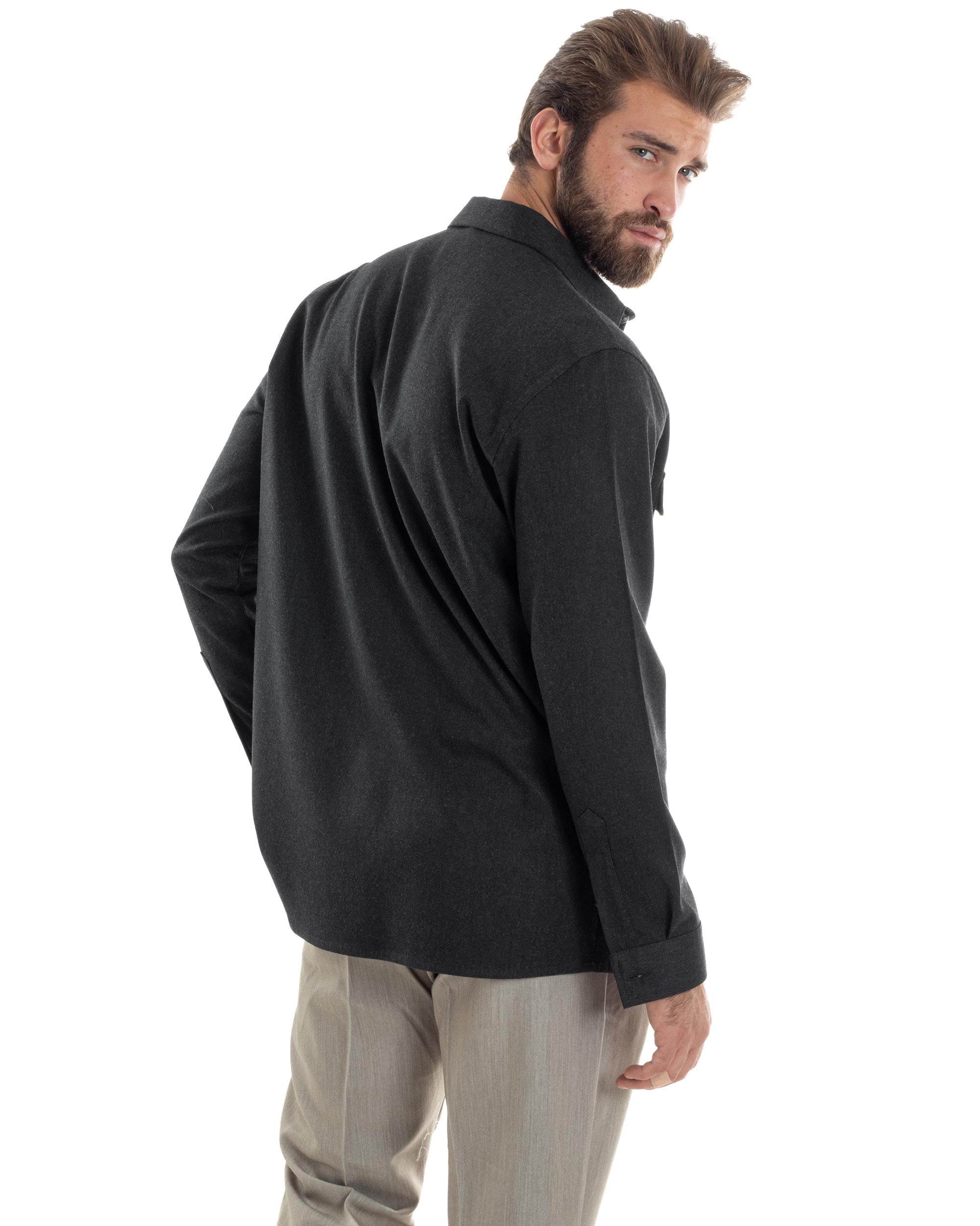Giacca Sahariana Uomo Flanella Camicia Giubbotto Overshirt Tasconi E Colletto Camicione Casual Tinta Unita Nero GIOSAL-G3278A