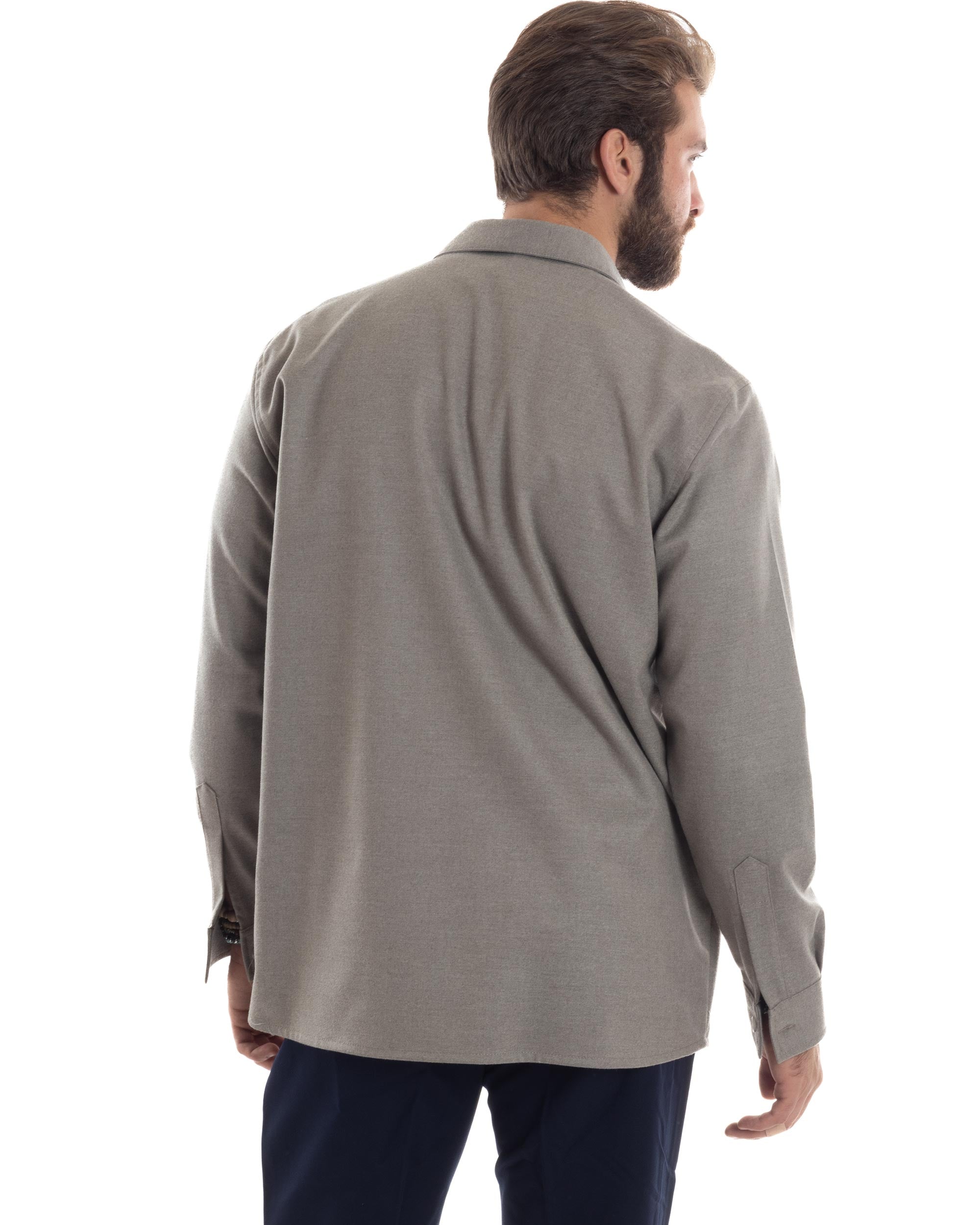 Giacca Sahariana Uomo Flanella Camicia Giubbotto Overshirt Tasconi E Colletto Camicione Casual Tinta Unita Beige GIOSAL-G3279A