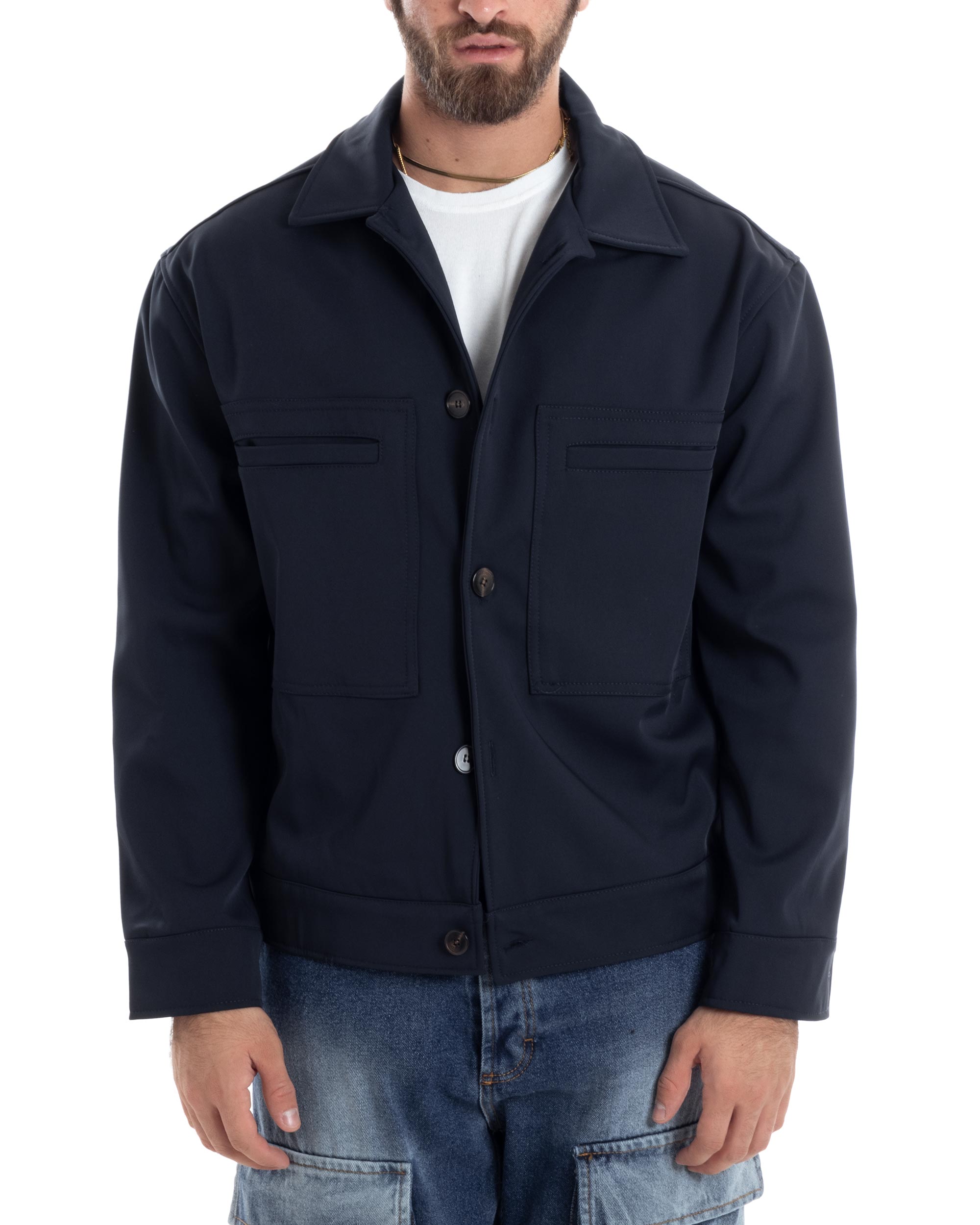 Giubbotto Uomo Camicia Impermeabile Sahariana Overshirt Giacca Tecnica Maniche Lunghe Tinta Unita Blu GIOSAL-G3280A