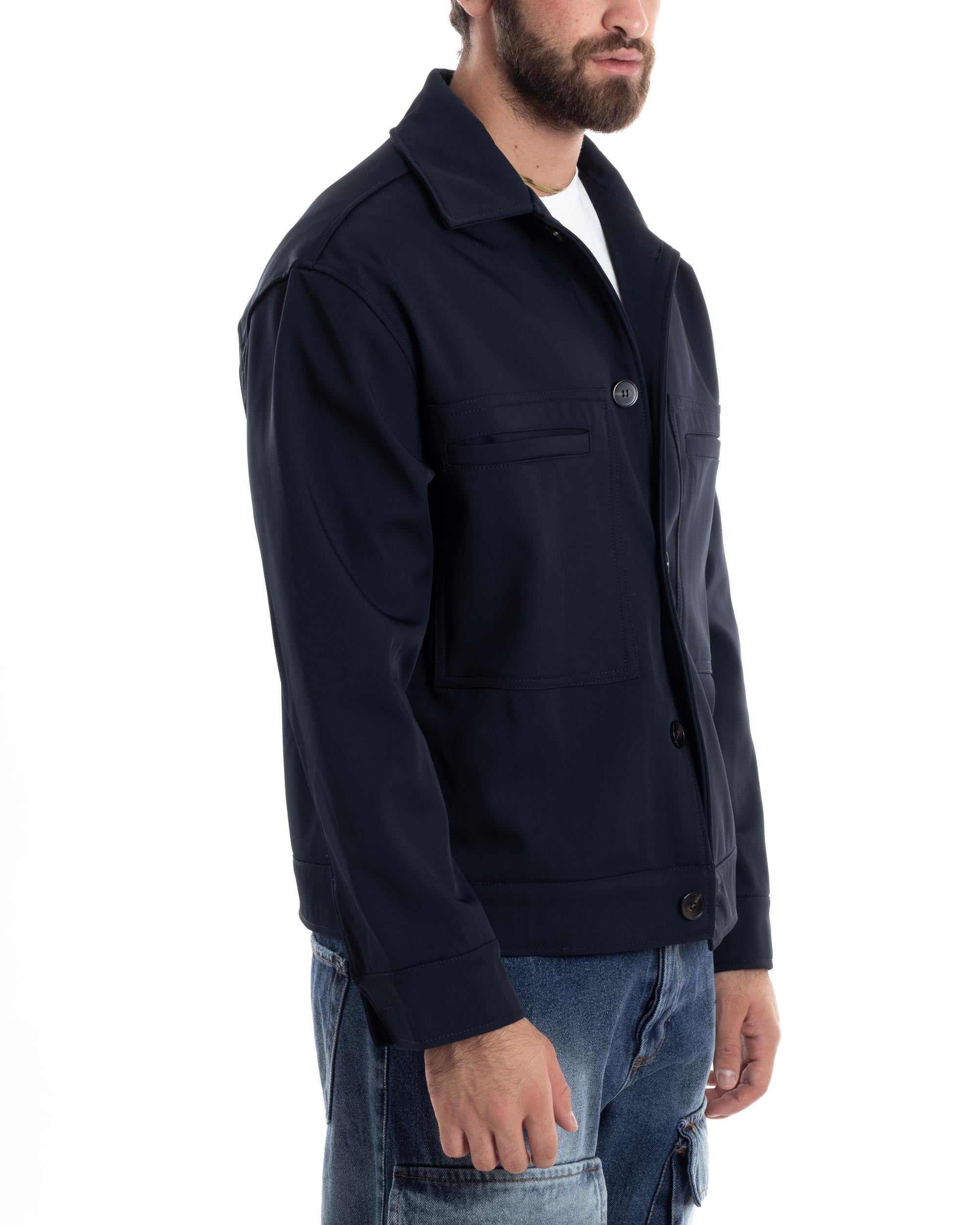 Giubbotto Uomo Camicia Impermeabile Sahariana Overshirt Giacca Tecnica Maniche Lunghe Tinta Unita Blu GIOSAL-G3280A