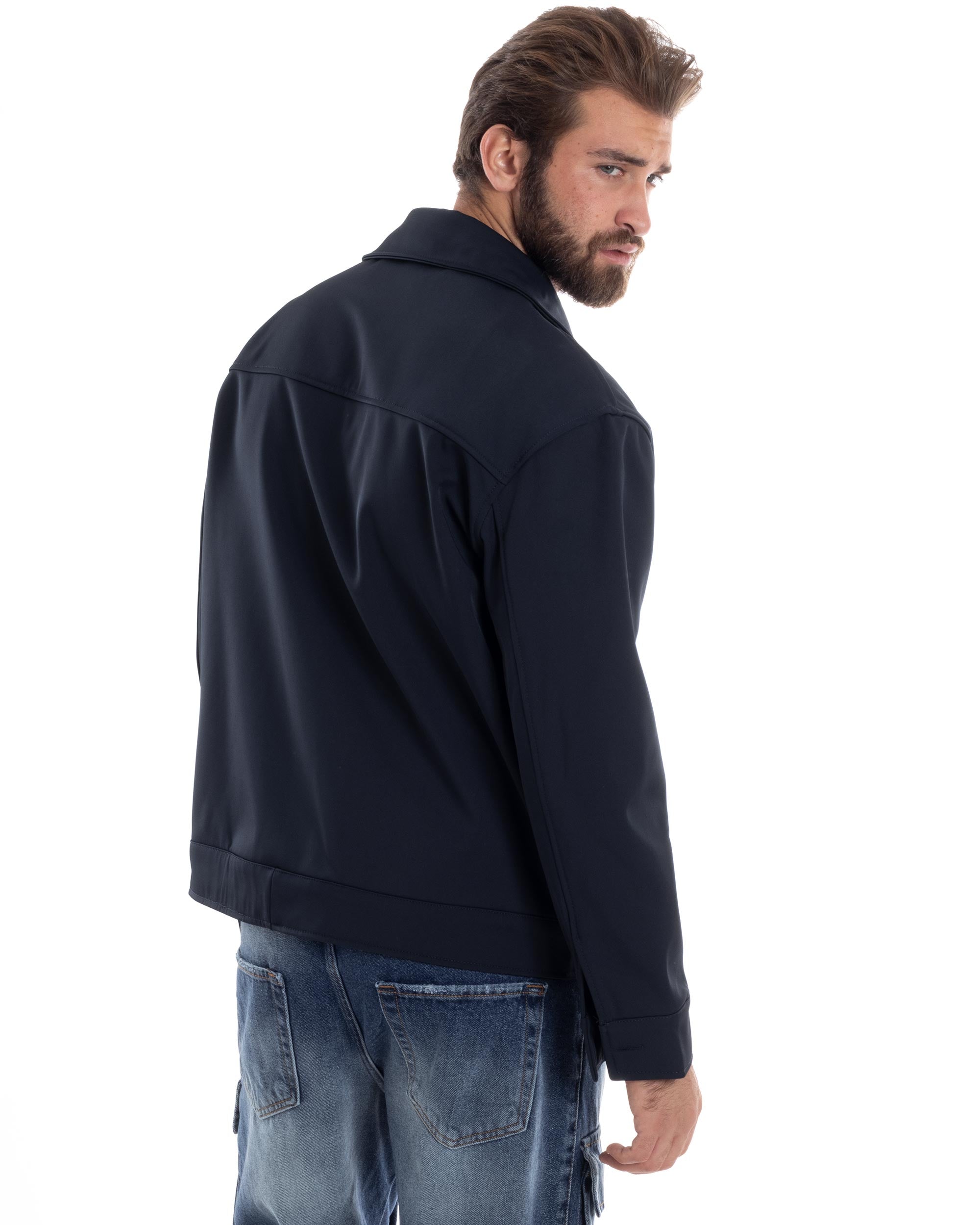 Giubbotto Uomo Camicia Impermeabile Sahariana Overshirt Giacca Tecnica Maniche Lunghe Tinta Unita Blu GIOSAL-G3280A