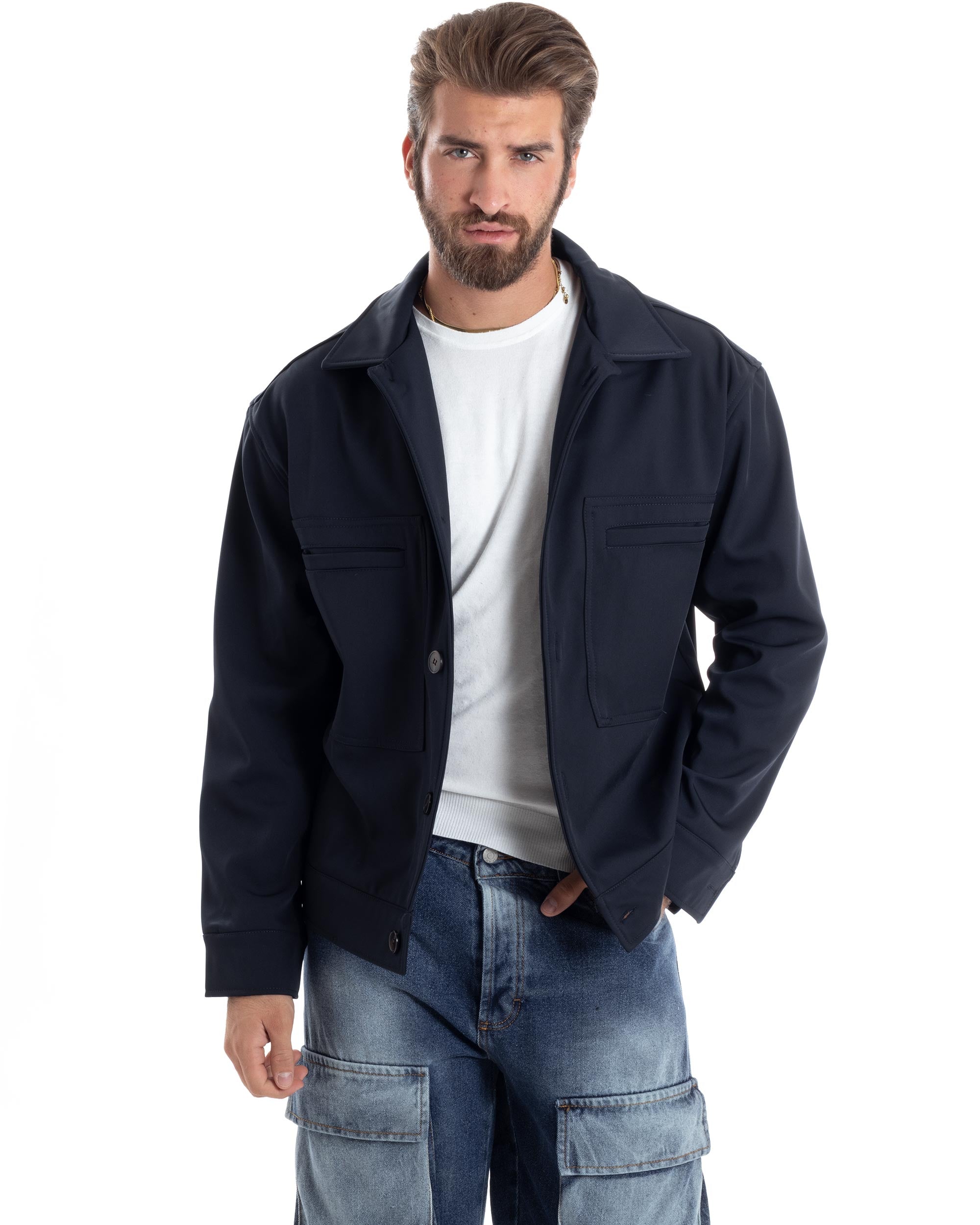 Giubbotto Uomo Camicia Impermeabile Sahariana Overshirt Giacca Tecnica Maniche Lunghe Tinta Unita Blu GIOSAL-G3280A