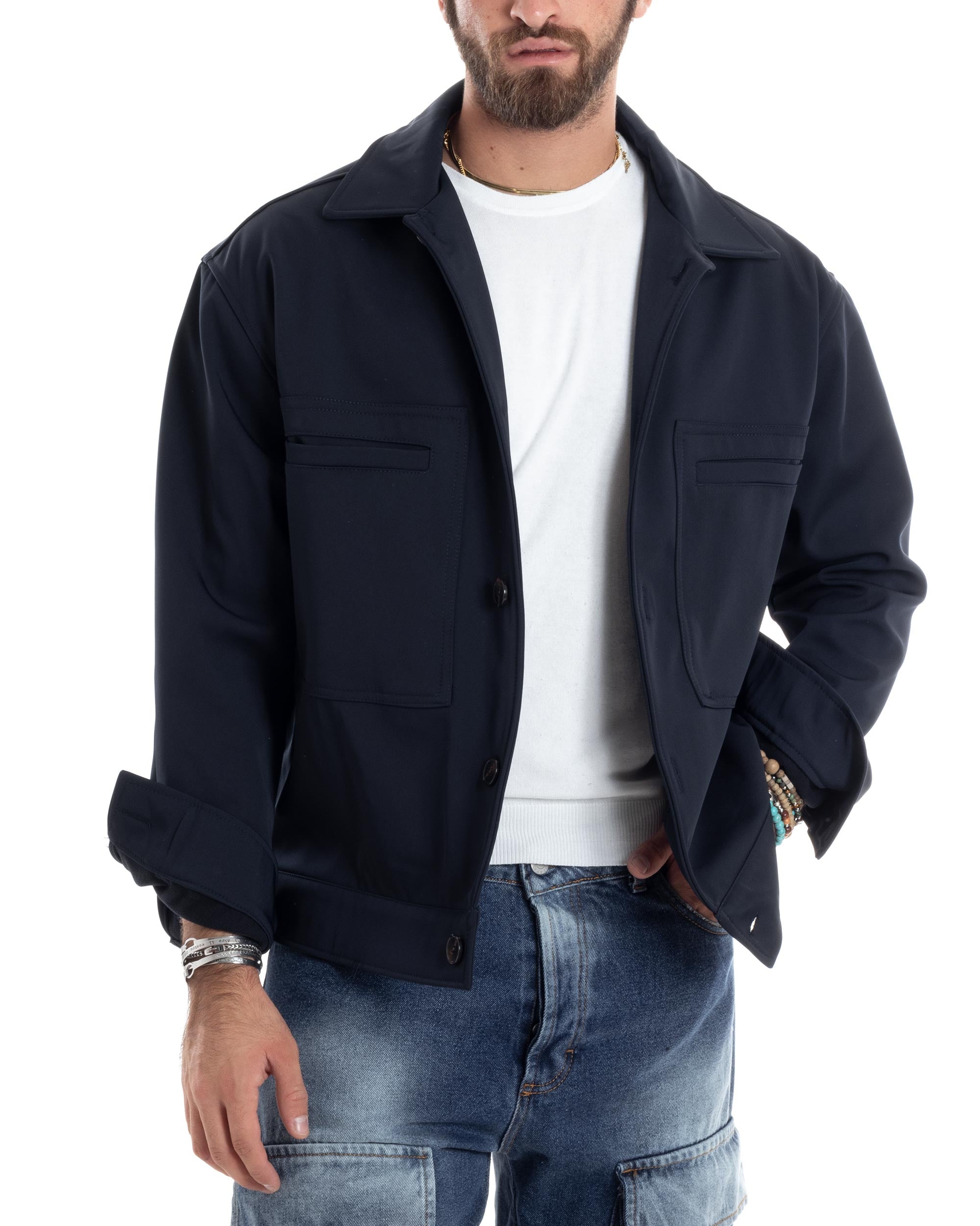 Giubbotto Uomo Camicia Impermeabile Sahariana Overshirt Giacca Tecnica Maniche Lunghe Tinta Unita Blu GIOSAL-G3280A