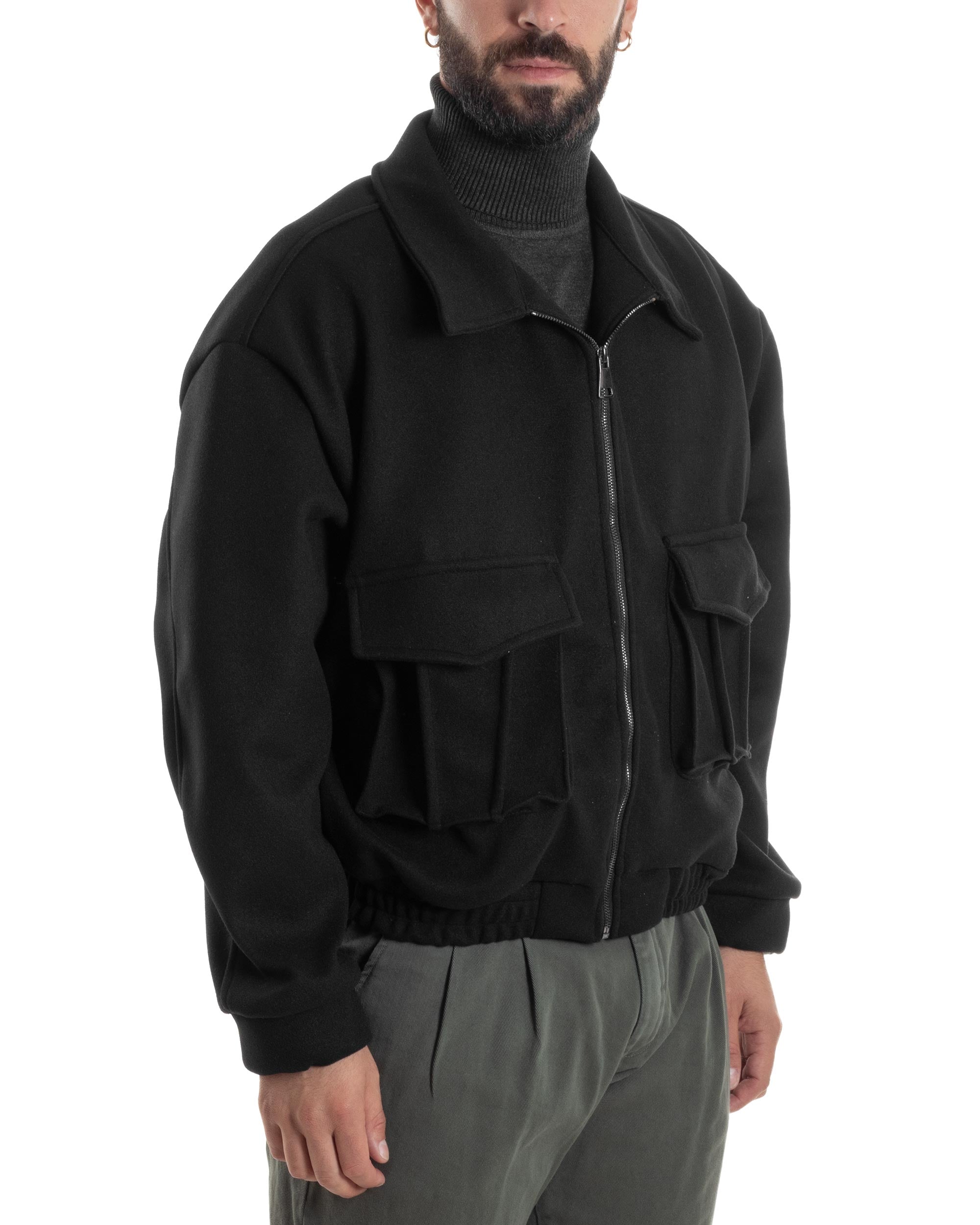 Giubbotto Uomo Bomber Corto Cropped Relaxed fit Tasche Zip Colletto Casual Elegante Caldo Nero GIOSAL-G3283A