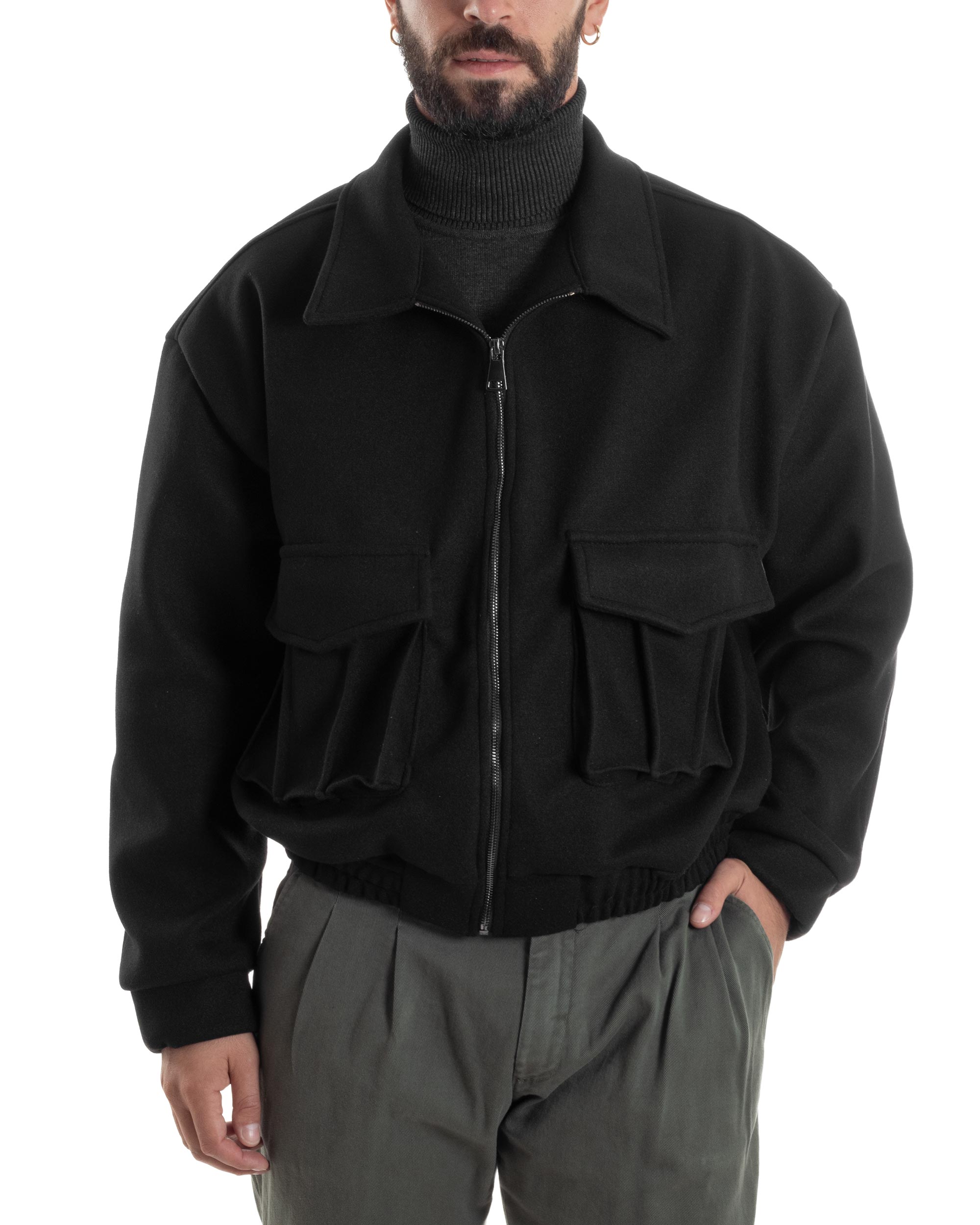 Giubbotto Uomo Bomber Corto Cropped Relaxed fit Tasche Zip Colletto Casual Elegante Caldo Nero GIOSAL-G3283A