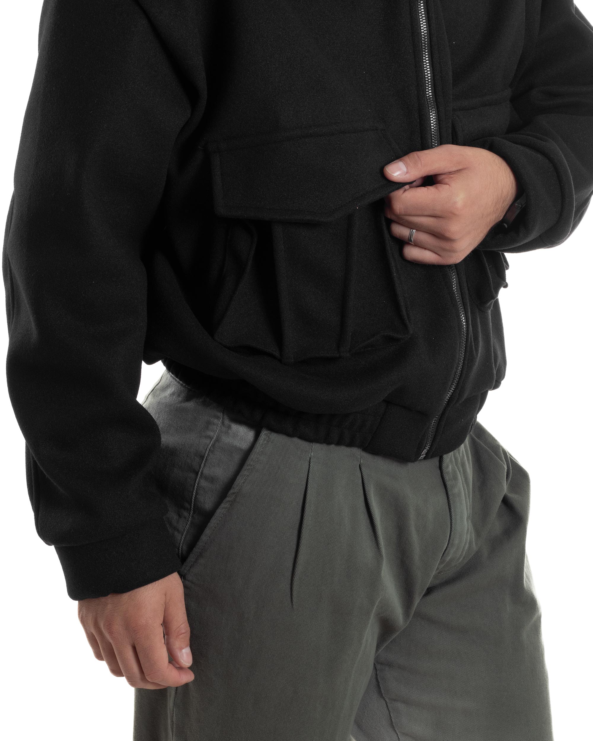 Giubbotto Uomo Bomber Corto Cropped Relaxed fit Tasche Zip Colletto Casual Elegante Caldo Nero GIOSAL-G3283A