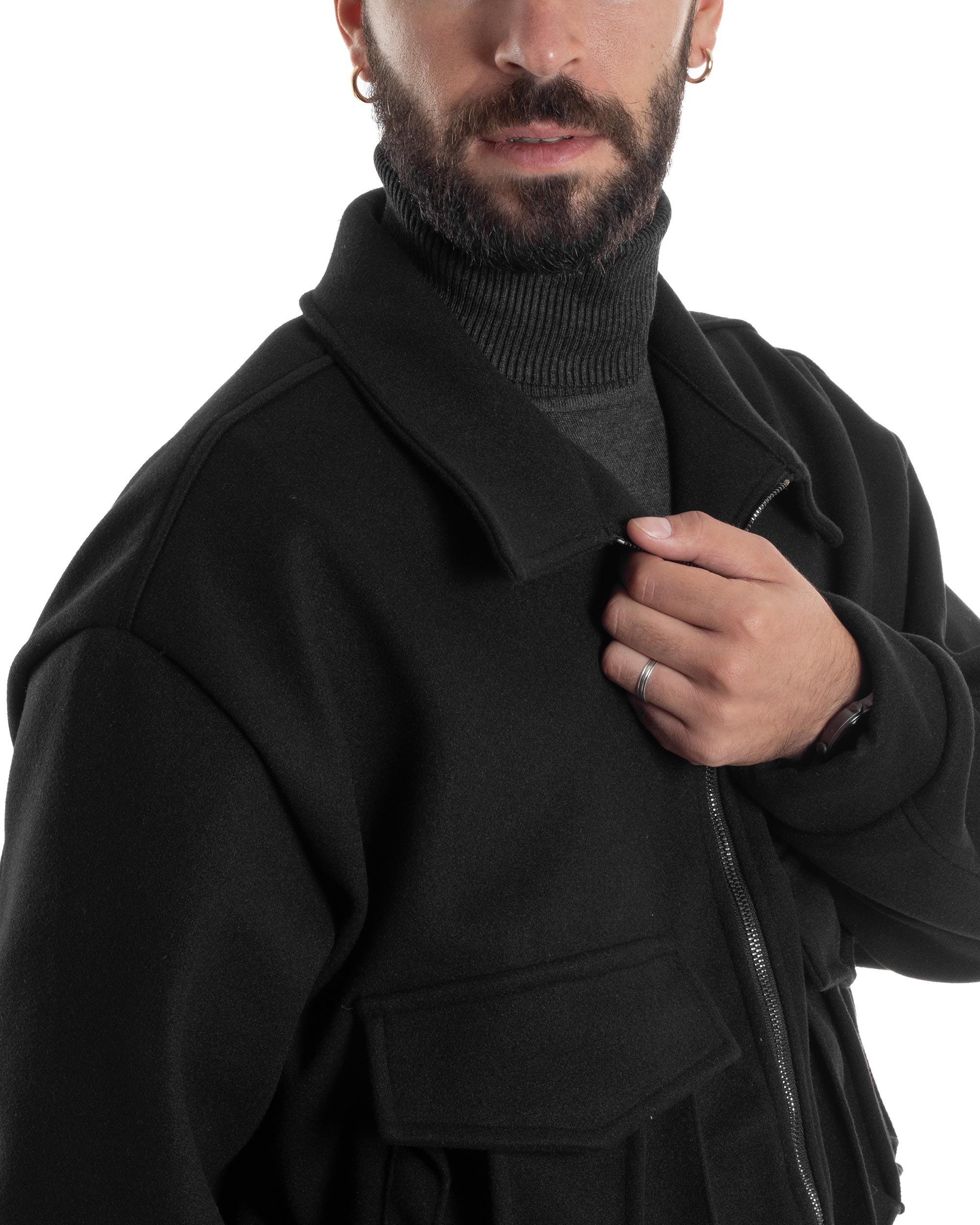 Giubbotto Uomo Bomber Corto Cropped Relaxed fit Tasche Zip Colletto Casual Elegante Caldo Nero GIOSAL-G3283A