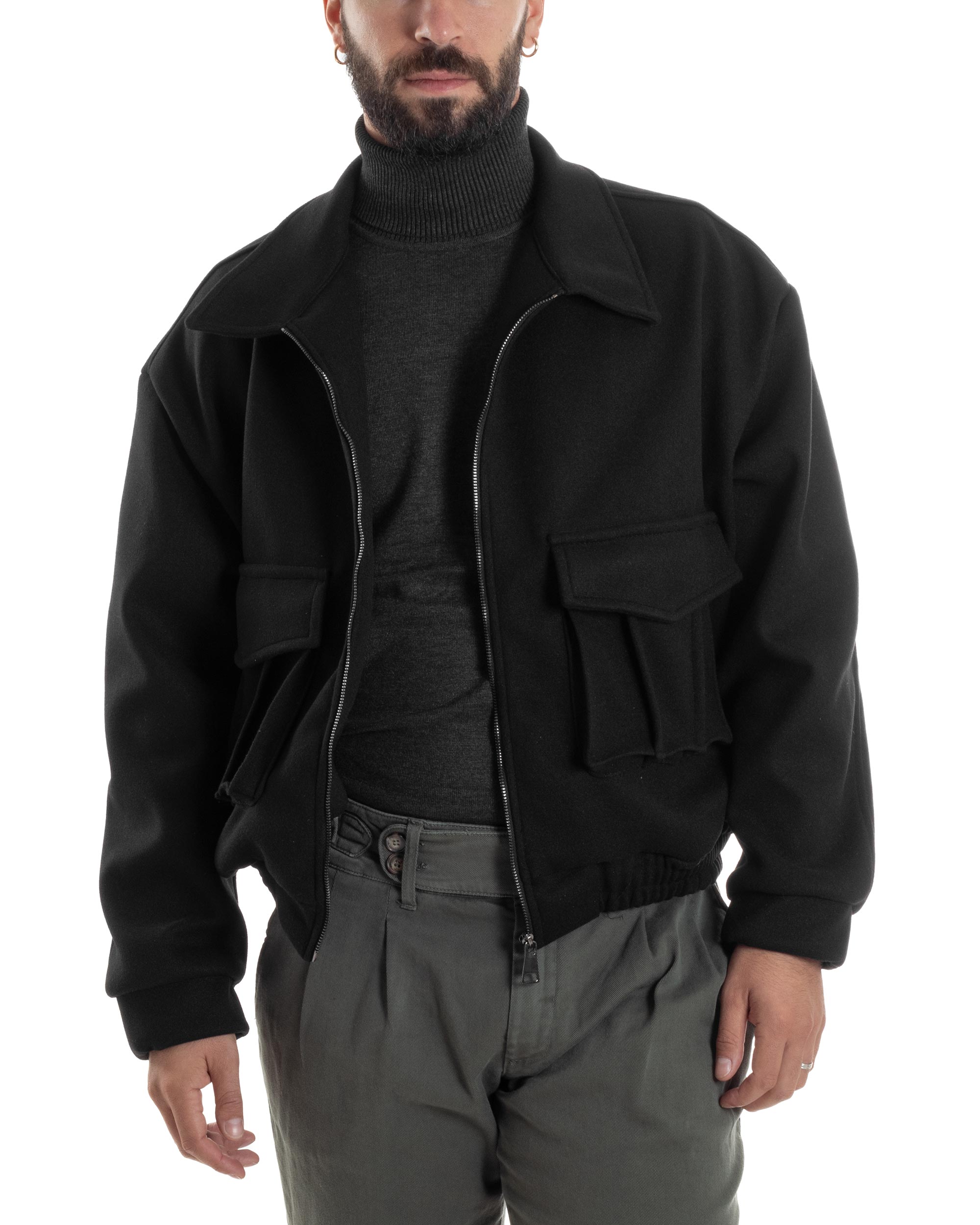 Giubbotto Uomo Bomber Corto Cropped Relaxed fit Tasche Zip Colletto Casual Elegante Caldo Nero GIOSAL-G3283A