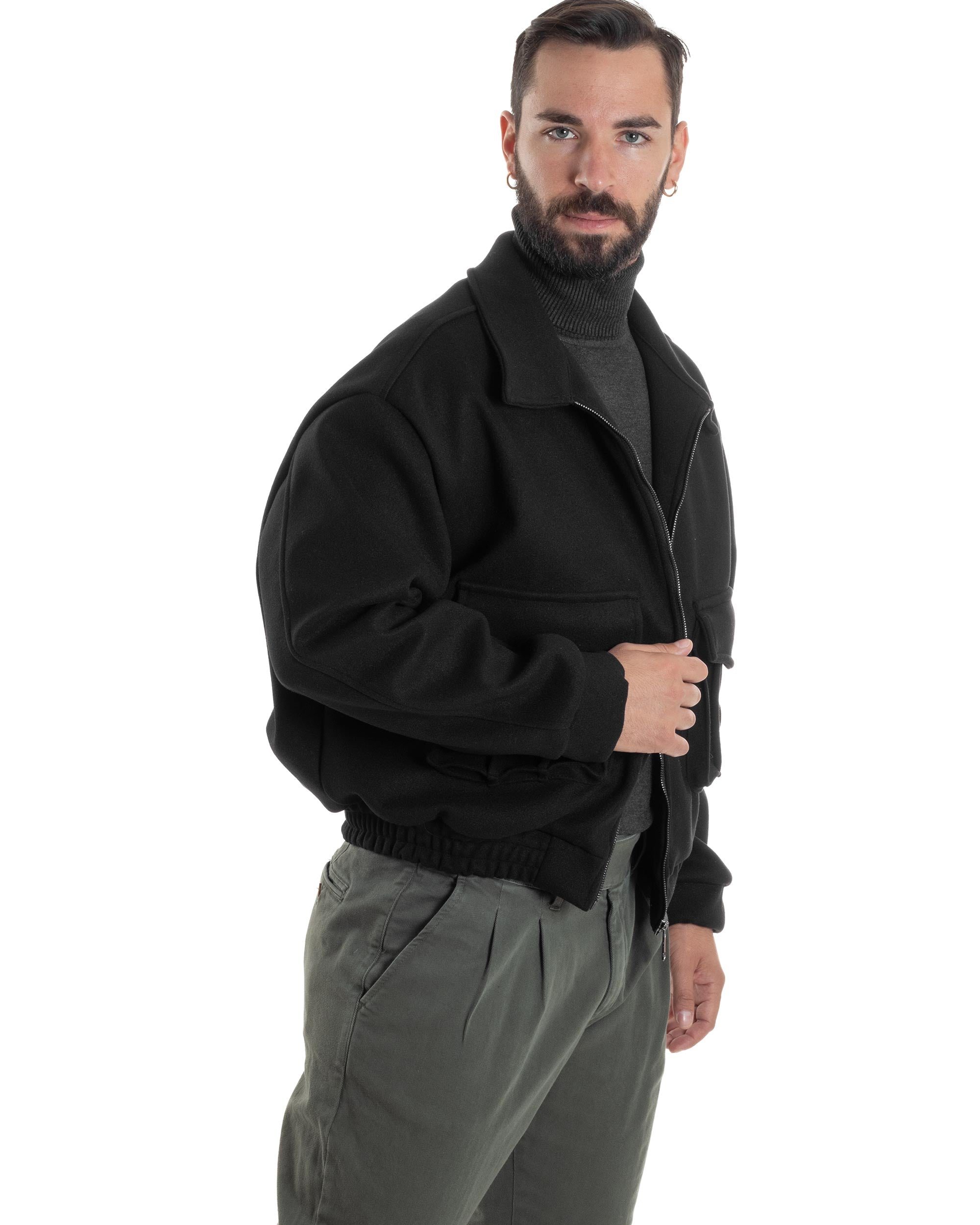 Giubbotto Uomo Bomber Corto Cropped Relaxed fit Tasche Zip Colletto Casual Elegante Caldo Nero GIOSAL-G3283A