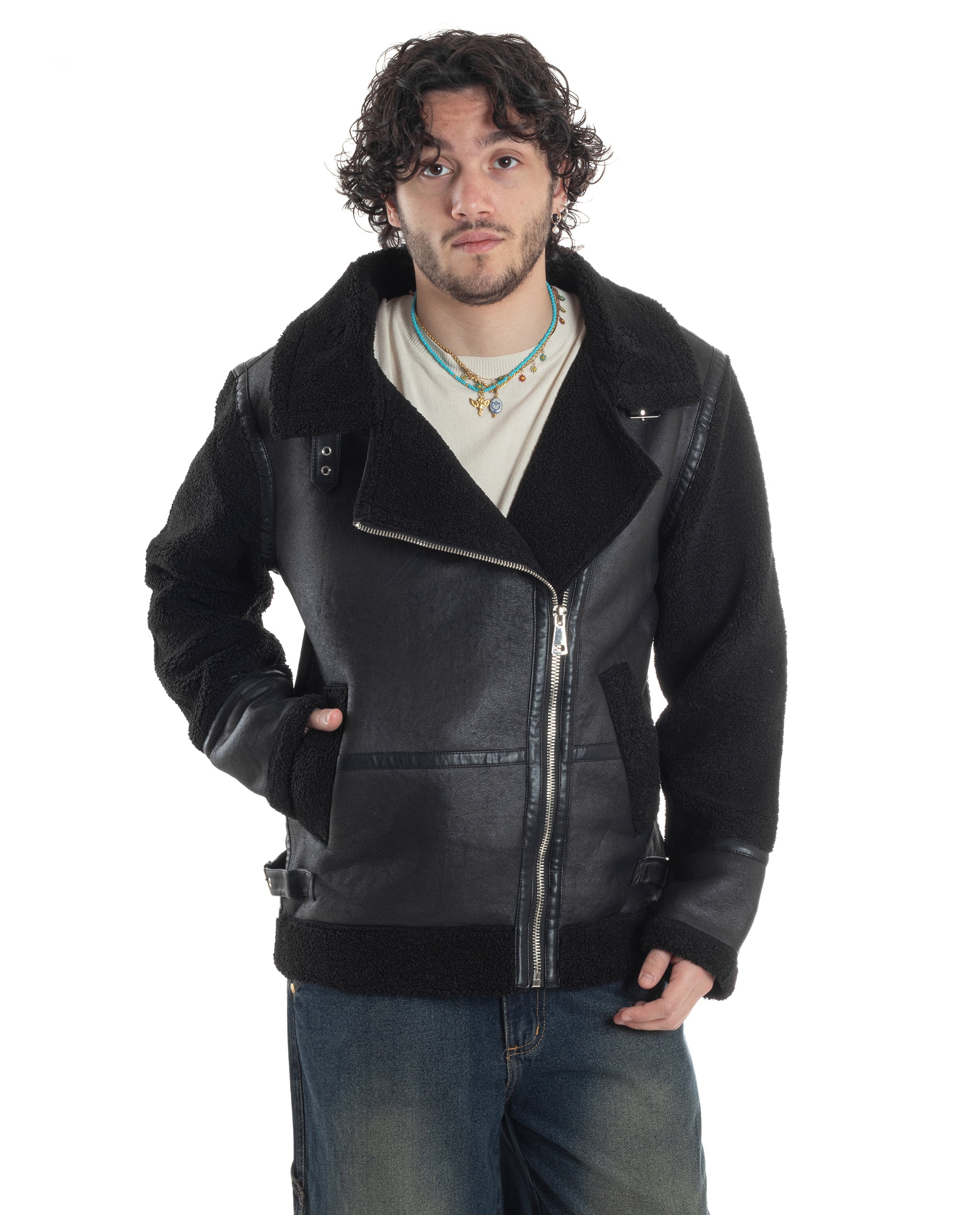 Giubbotto Montone Uomo Camoscio Chiodo Caldo Pelliccia Teddy Giacca Aviatore Zip Nero GIOSAL-G3284A