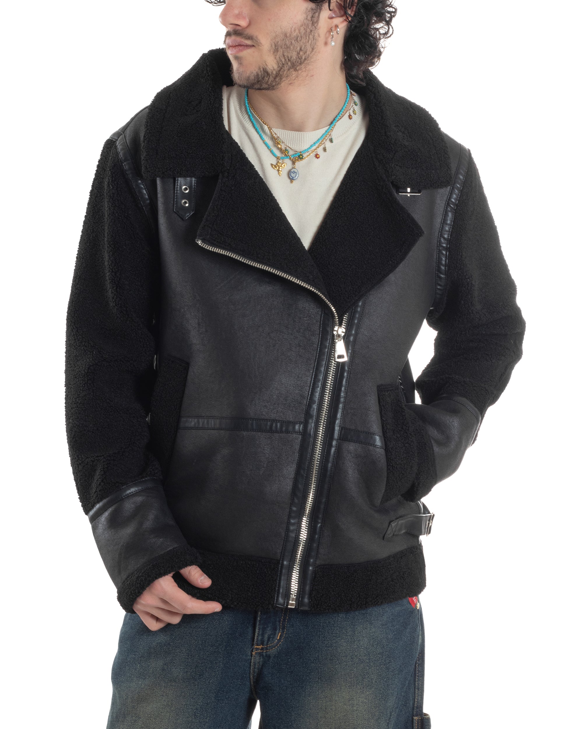 Giubbotto Montone Uomo Camoscio Chiodo Caldo Pelliccia Teddy Giacca Aviatore Zip Nero GIOSAL-G3284A