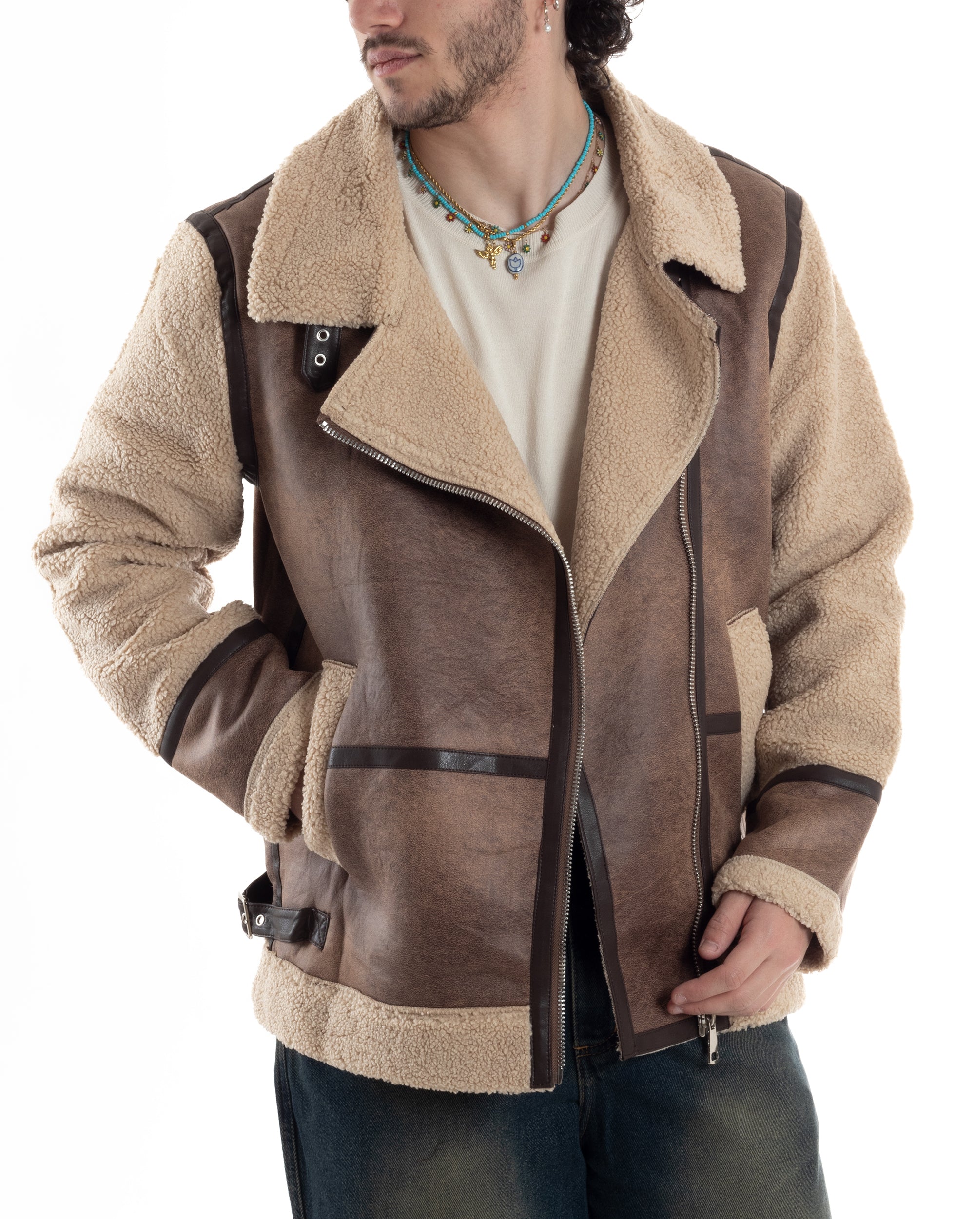 Giubbotto Montone Uomo Camoscio Chiodo Caldo Pelliccia Teddy Giacca Aviatore Zip Camel GIOSAL-G3285A