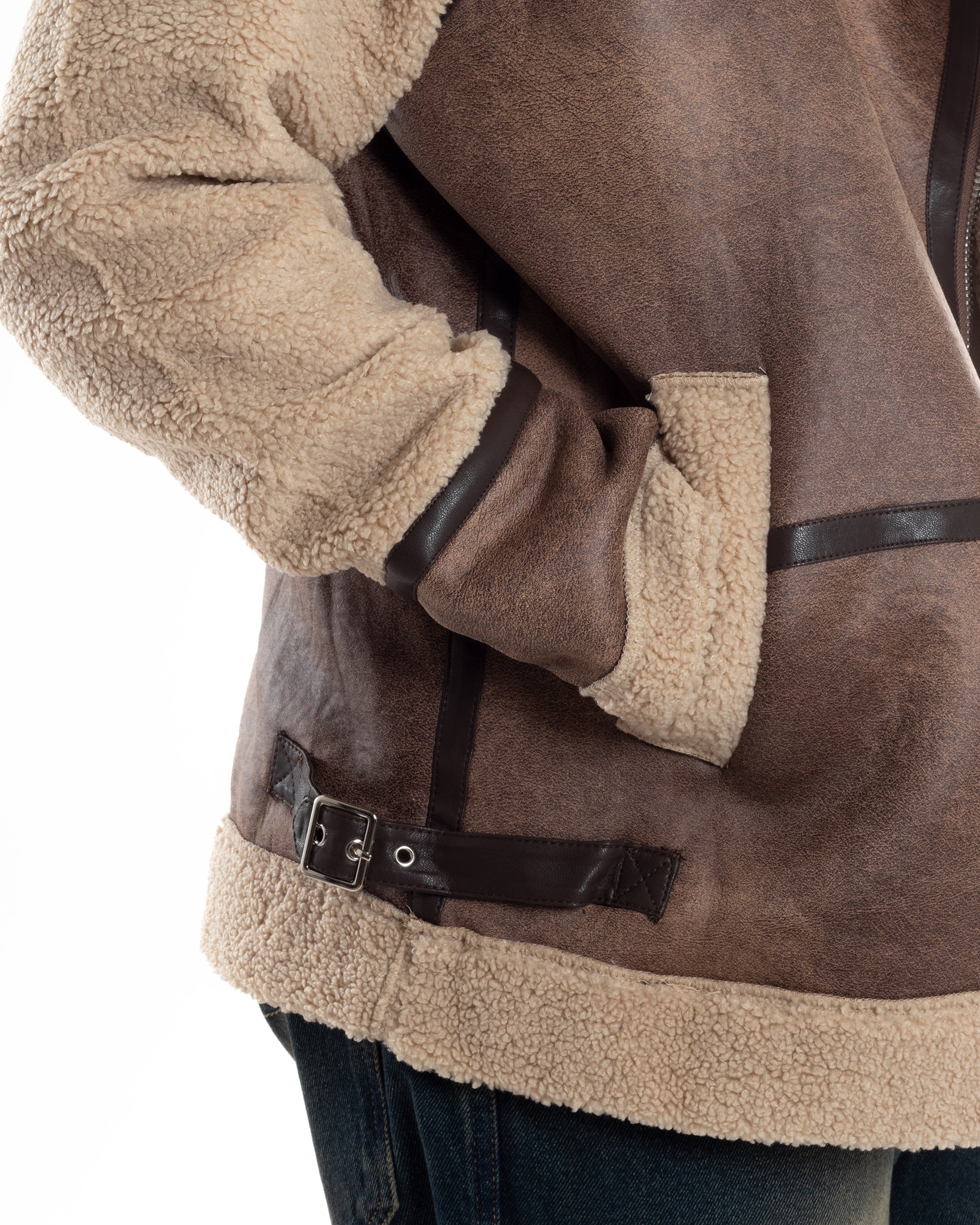 Giubbotto Montone Uomo Camoscio Chiodo Caldo Pelliccia Teddy Giacca Aviatore Zip Camel GIOSAL-G3285A