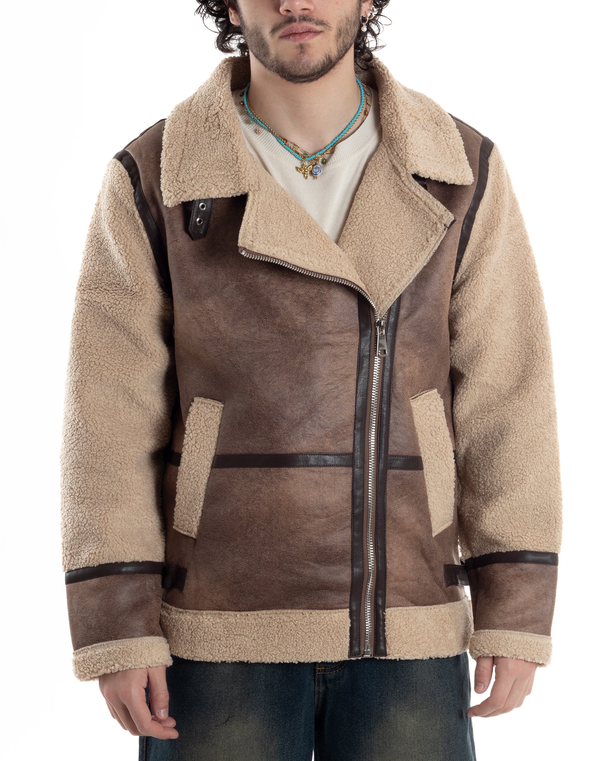 Giubbotto Montone Uomo Camoscio Chiodo Caldo Pelliccia Teddy Giacca Aviatore Zip Camel GIOSAL-G3285A