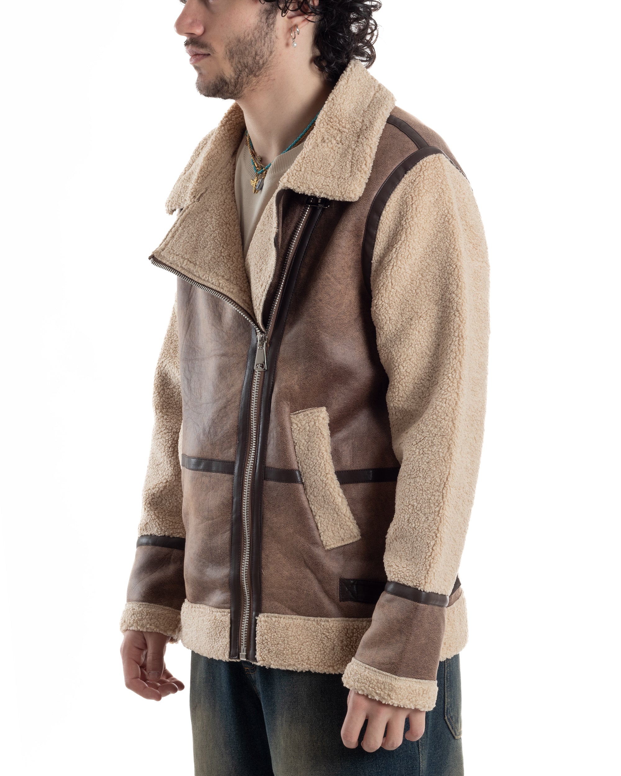Giubbotto Montone Uomo Camoscio Chiodo Caldo Pelliccia Teddy Giacca Aviatore Zip Camel GIOSAL-G3285A