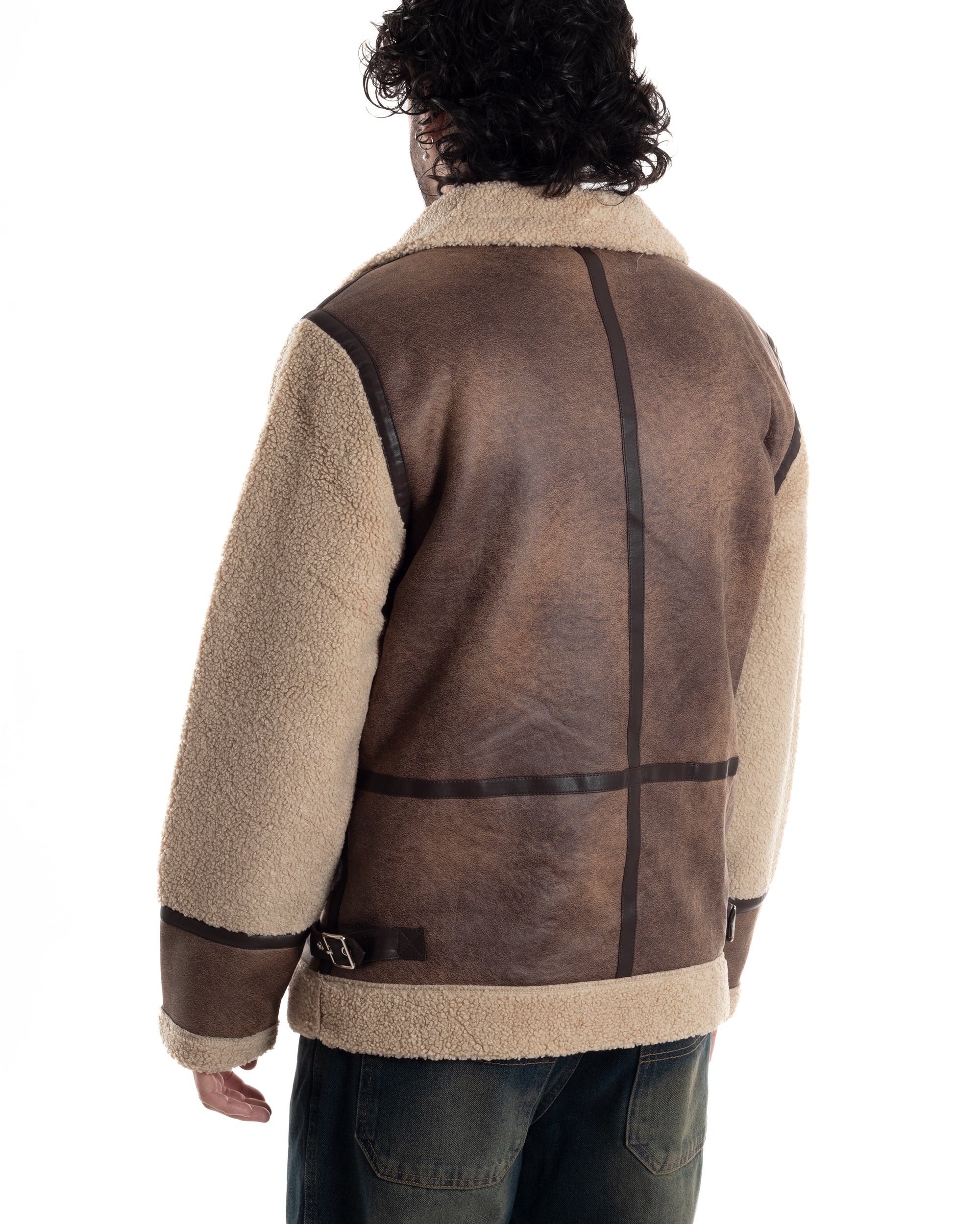 Giubbotto Montone Uomo Camoscio Chiodo Caldo Pelliccia Teddy Giacca Aviatore Zip Camel GIOSAL-G3285A
