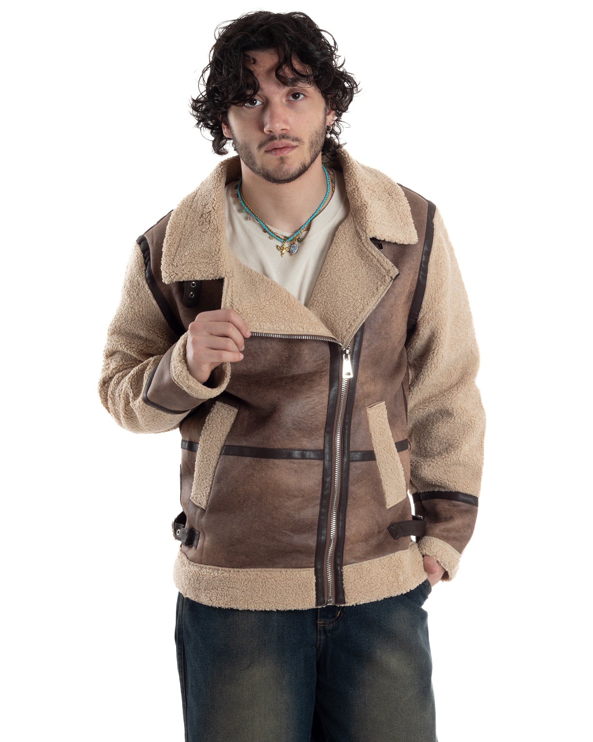 Giubbotto Montone Uomo Camoscio Chiodo Caldo Pelliccia Teddy Giacca Aviatore Zip Camel GIOSAL-G3285A