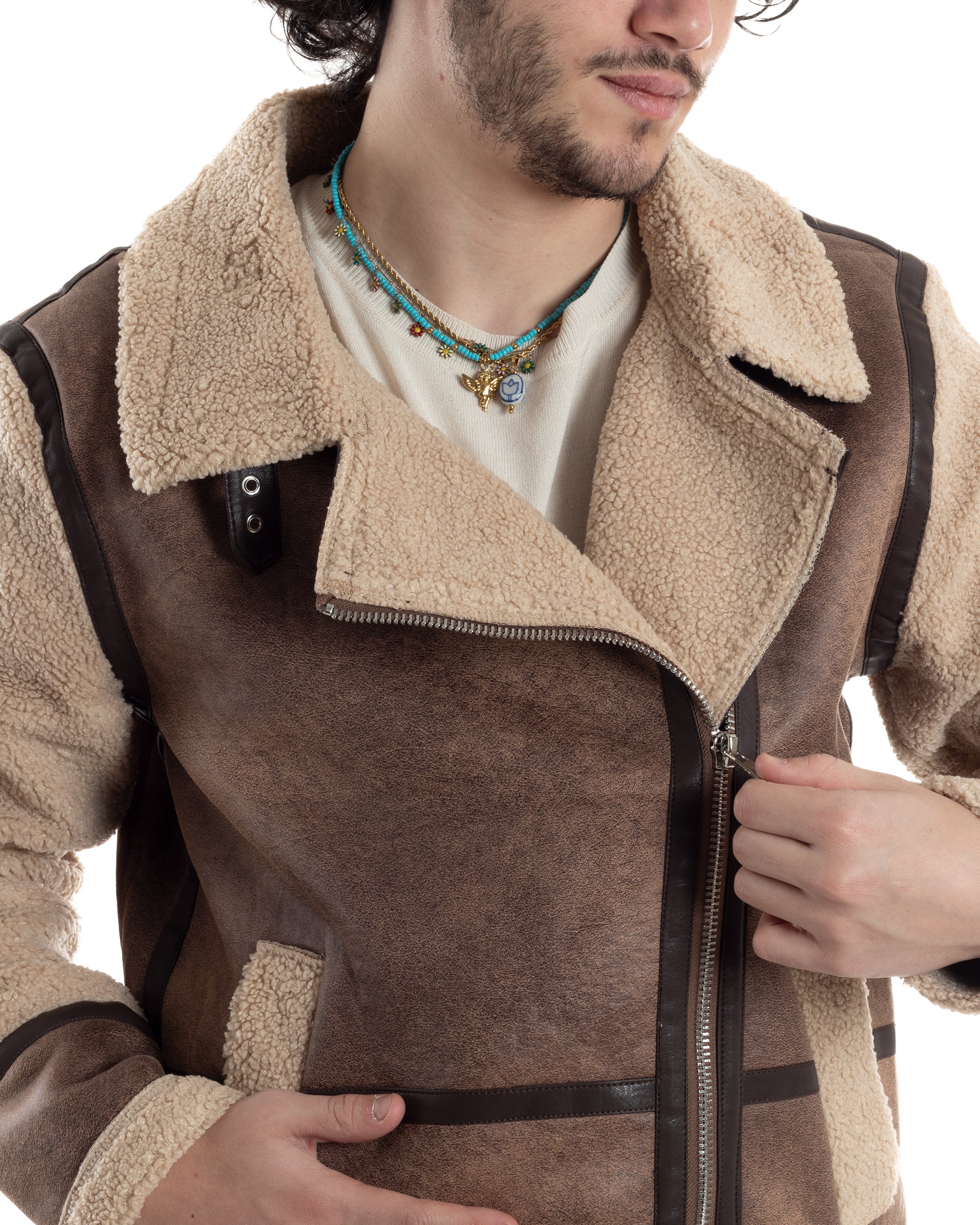 Giubbotto Montone Uomo Camoscio Chiodo Caldo Pelliccia Teddy Giacca Aviatore Zip Camel GIOSAL-G3285A
