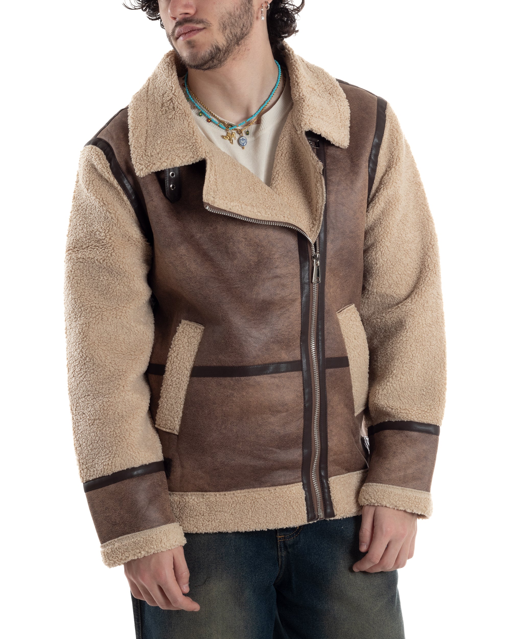 Giubbotto Montone Uomo Camoscio Chiodo Caldo Pelliccia Teddy Giacca Aviatore Zip Camel GIOSAL-G3285A