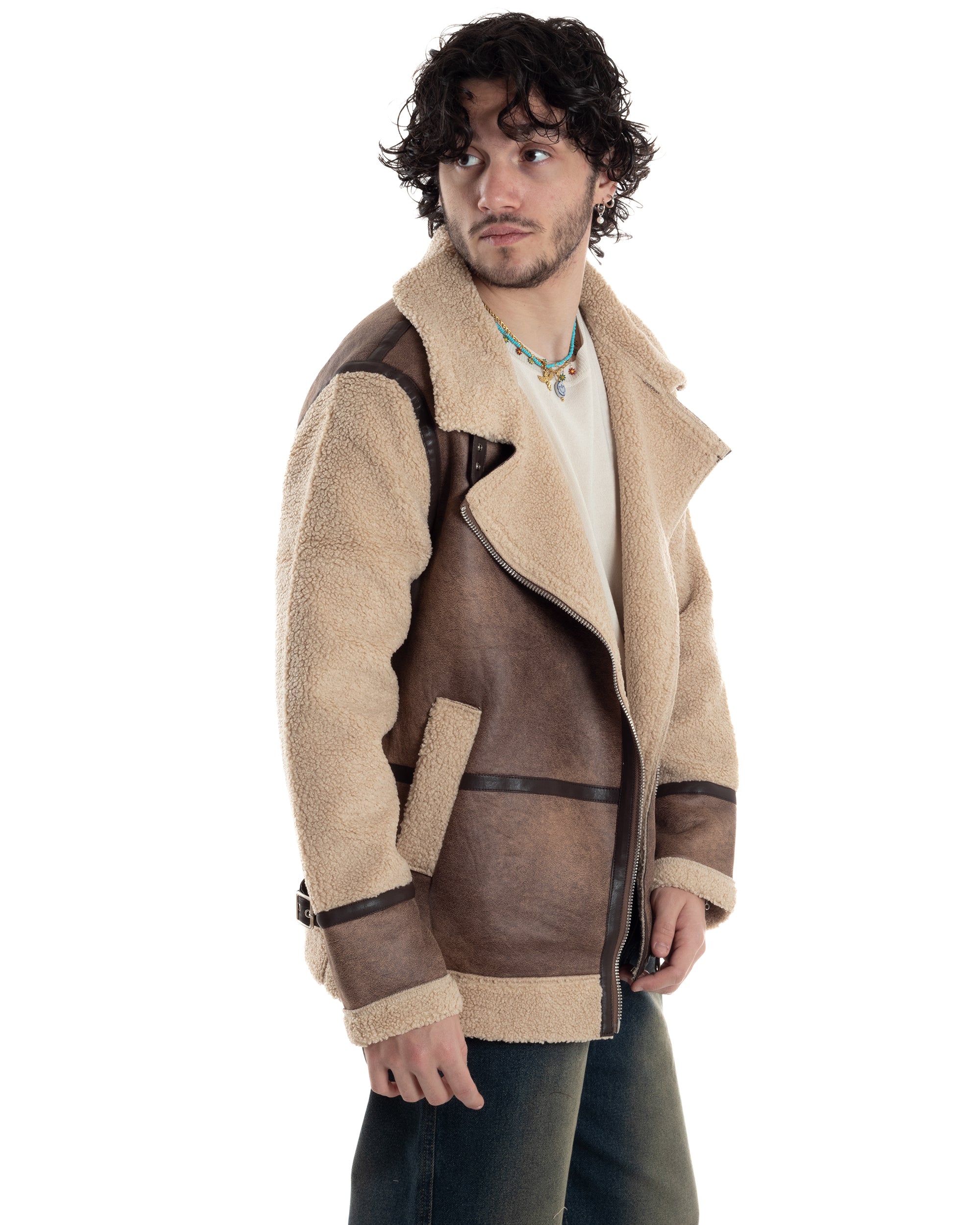 Giubbotto Montone Uomo Camoscio Chiodo Caldo Pelliccia Teddy Giacca Aviatore Zip Camel GIOSAL-G3285A
