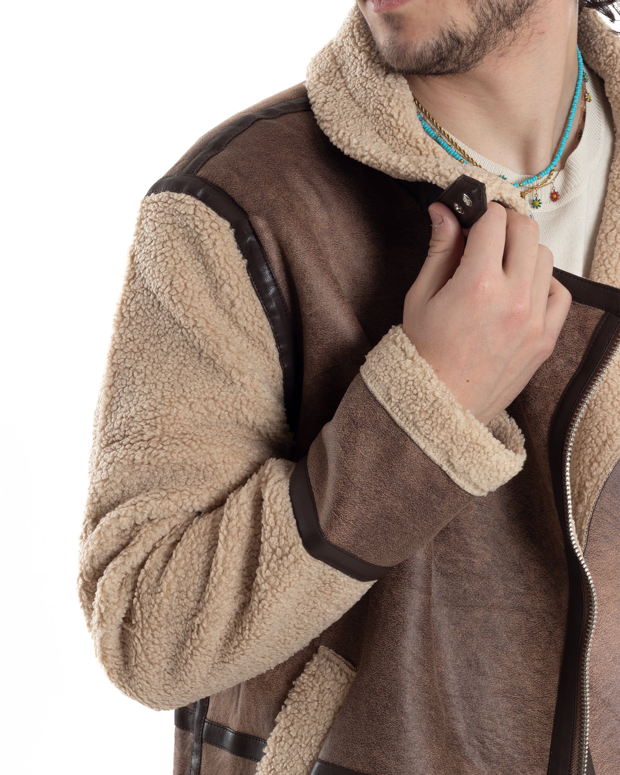 Giubbotto Montone Uomo Camoscio Chiodo Caldo Pelliccia Teddy Giacca Aviatore Zip Camel GIOSAL-G3285A