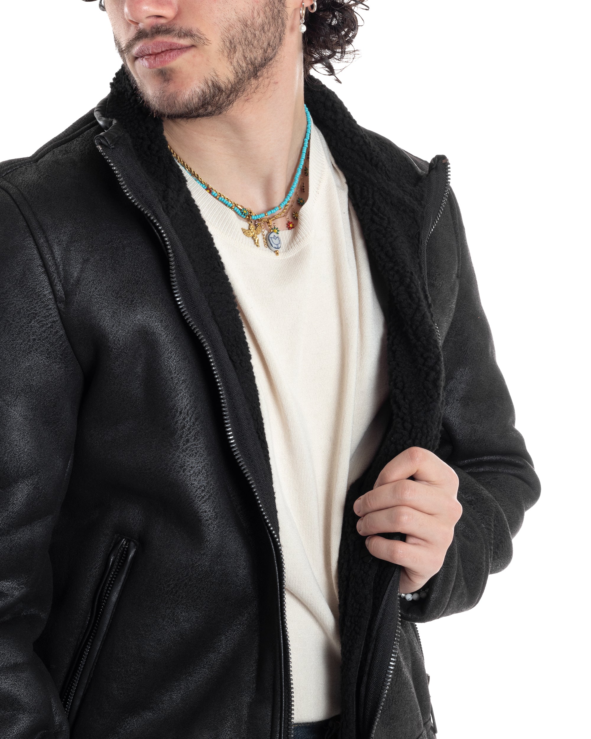 Giubbotto Montone Uomo Camoscio Imbottito Con Collo Casual Giacca Aviatore Con Zip Nero GIOSAL-G3286A