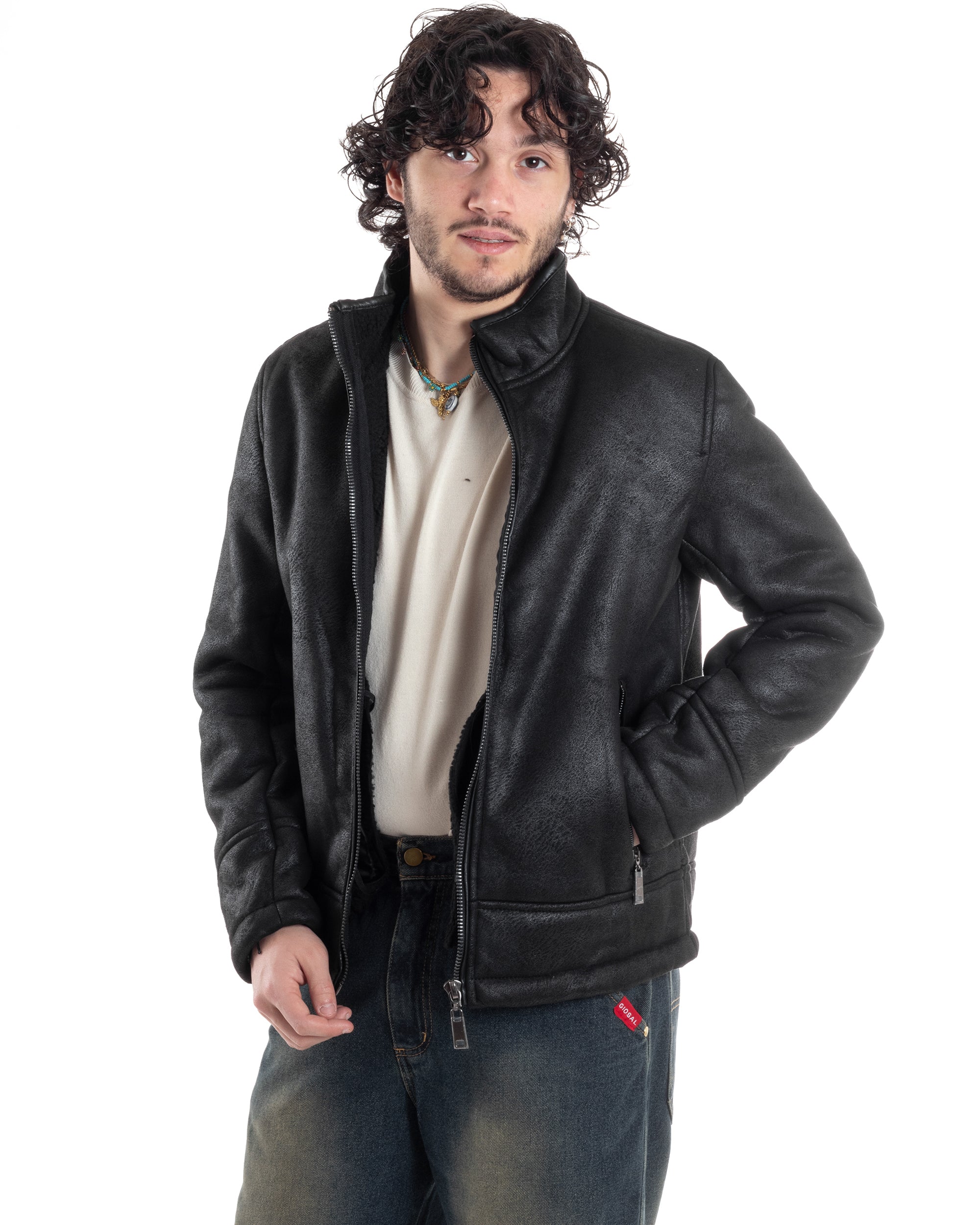 Giubbotto Montone Uomo Camoscio Imbottito Con Collo Casual Giacca Aviatore Con Zip Nero GIOSAL-G3286A