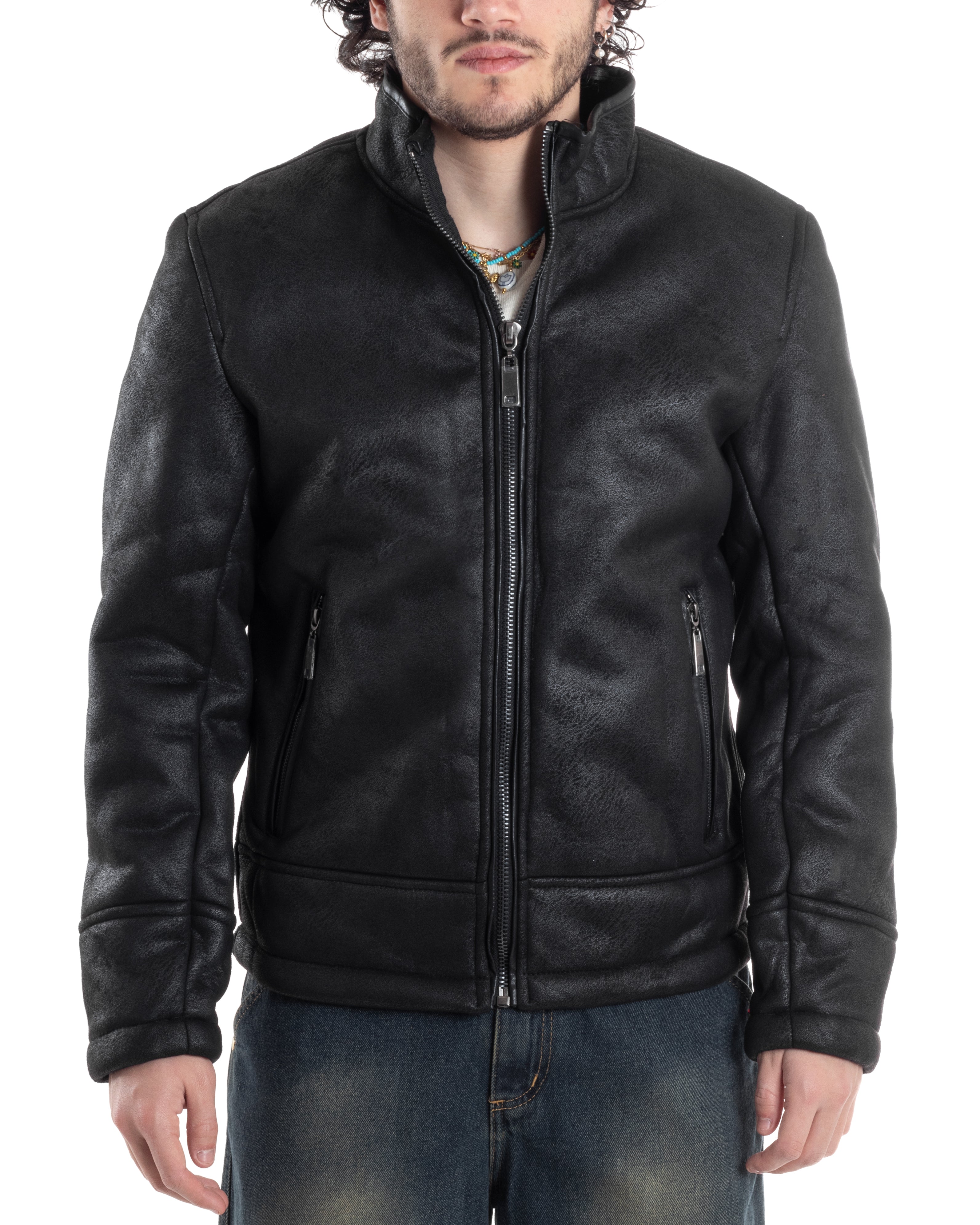 Giubbotto Montone Uomo Camoscio Imbottito Con Collo Casual Giacca Aviatore Con Zip Nero GIOSAL-G3286A