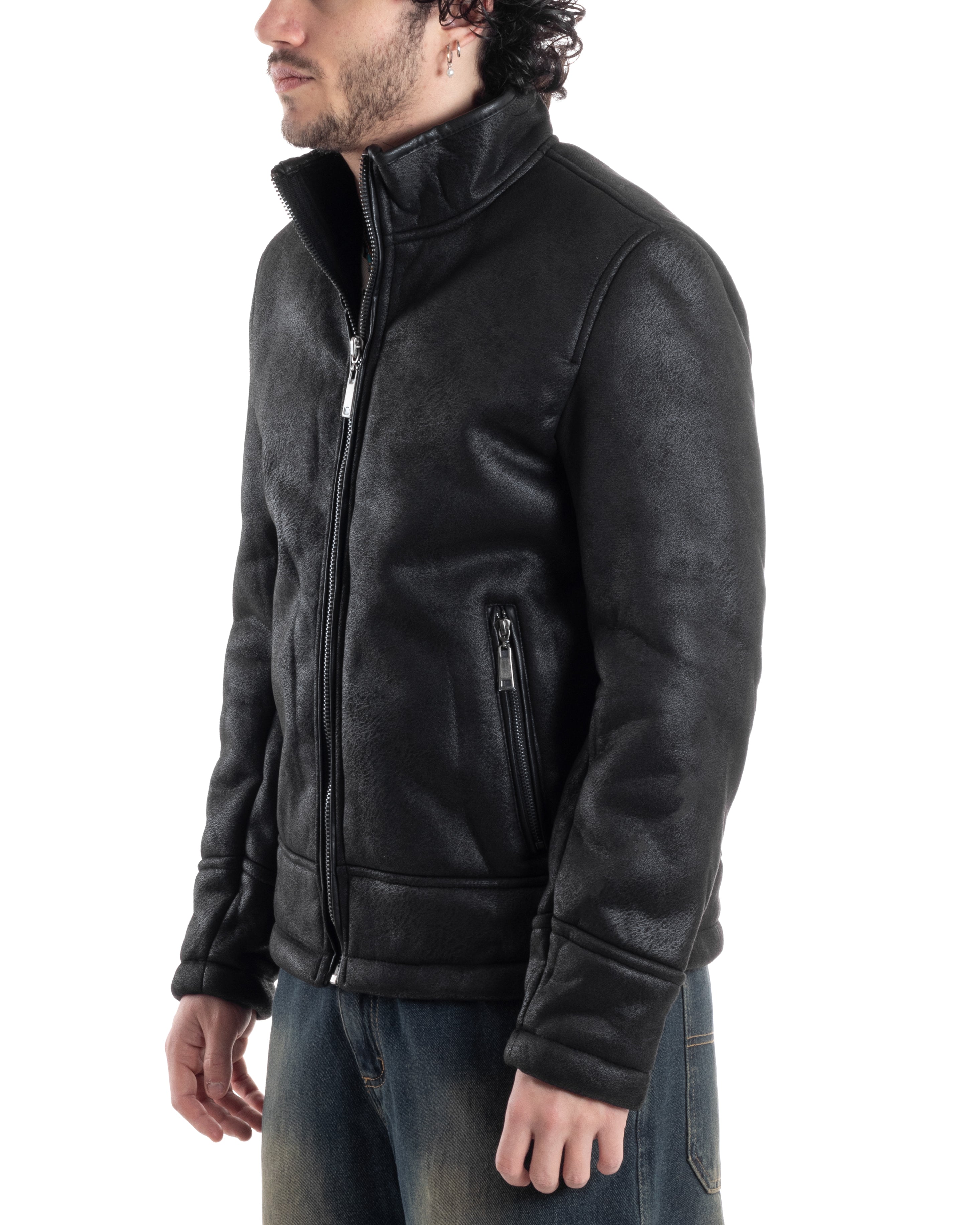 Giubbotto Montone Uomo Camoscio Imbottito Con Collo Casual Giacca Aviatore Con Zip Nero GIOSAL-G3286A