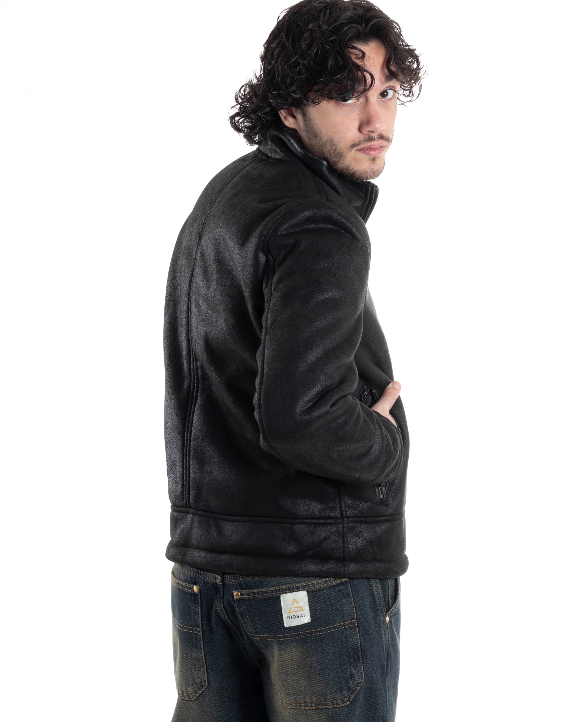 Giubbotto Montone Uomo Camoscio Imbottito Con Collo Casual Giacca Aviatore Con Zip Nero GIOSAL-G3286A