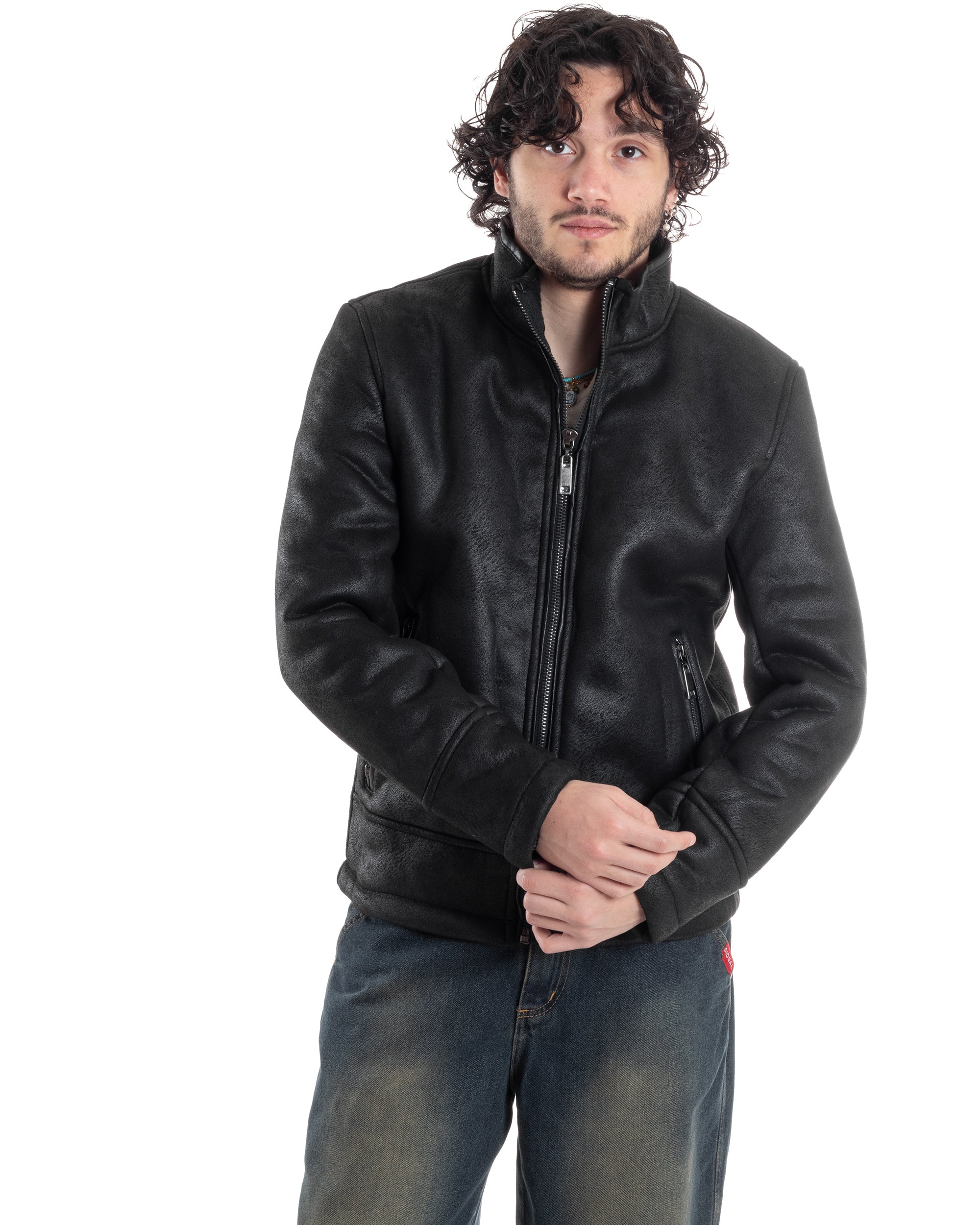 Giubbotto Montone Uomo Camoscio Imbottito Con Collo Casual Giacca Aviatore Con Zip Nero GIOSAL-G3286A