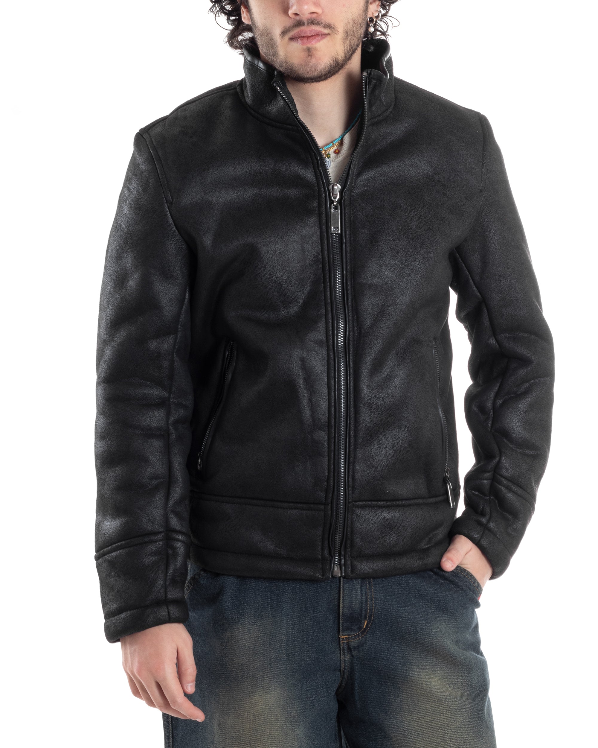 Giubbotto Montone Uomo Camoscio Imbottito Con Collo Casual Giacca Aviatore Con Zip Nero GIOSAL-G3286A