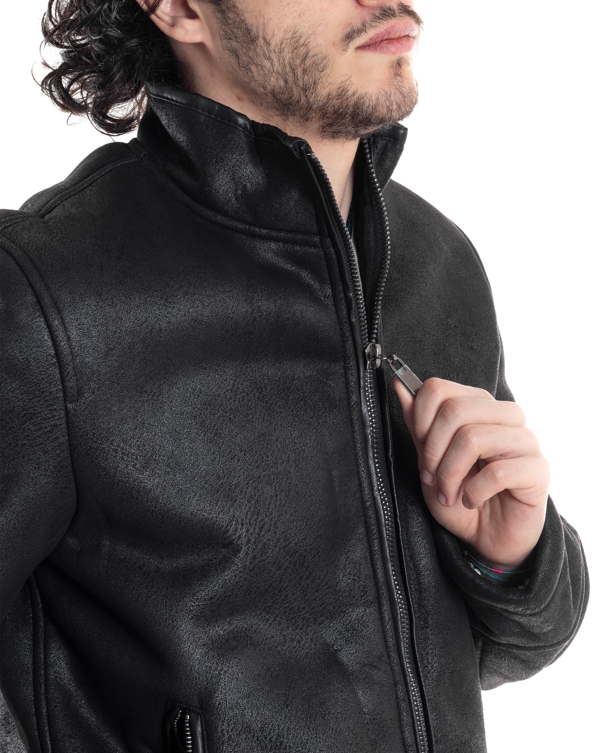 Giubbotto Montone Uomo Camoscio Imbottito Con Collo Casual Giacca Aviatore Con Zip Nero GIOSAL-G3286A