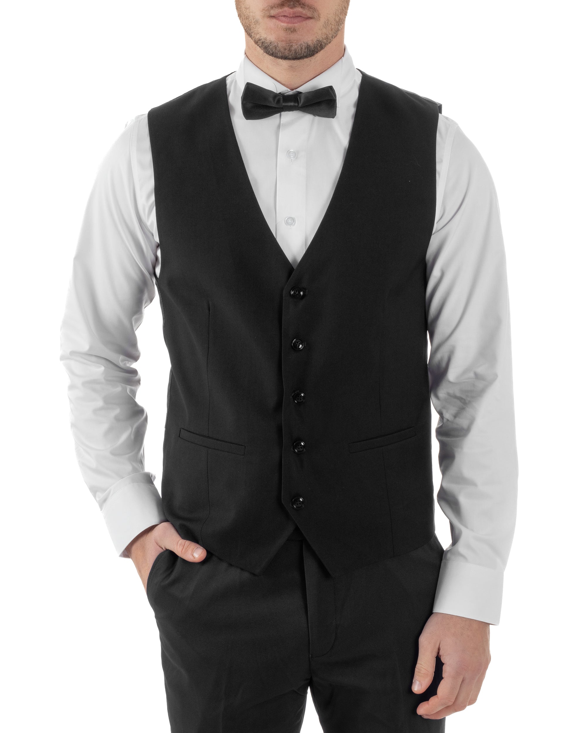 Gilet Uomo Classico Smanicato Regolabile Monopetto Scollo a V Slim Fit Cerimonia Elegante Basic Tinta Unita Nero GIOSAL-G3288A