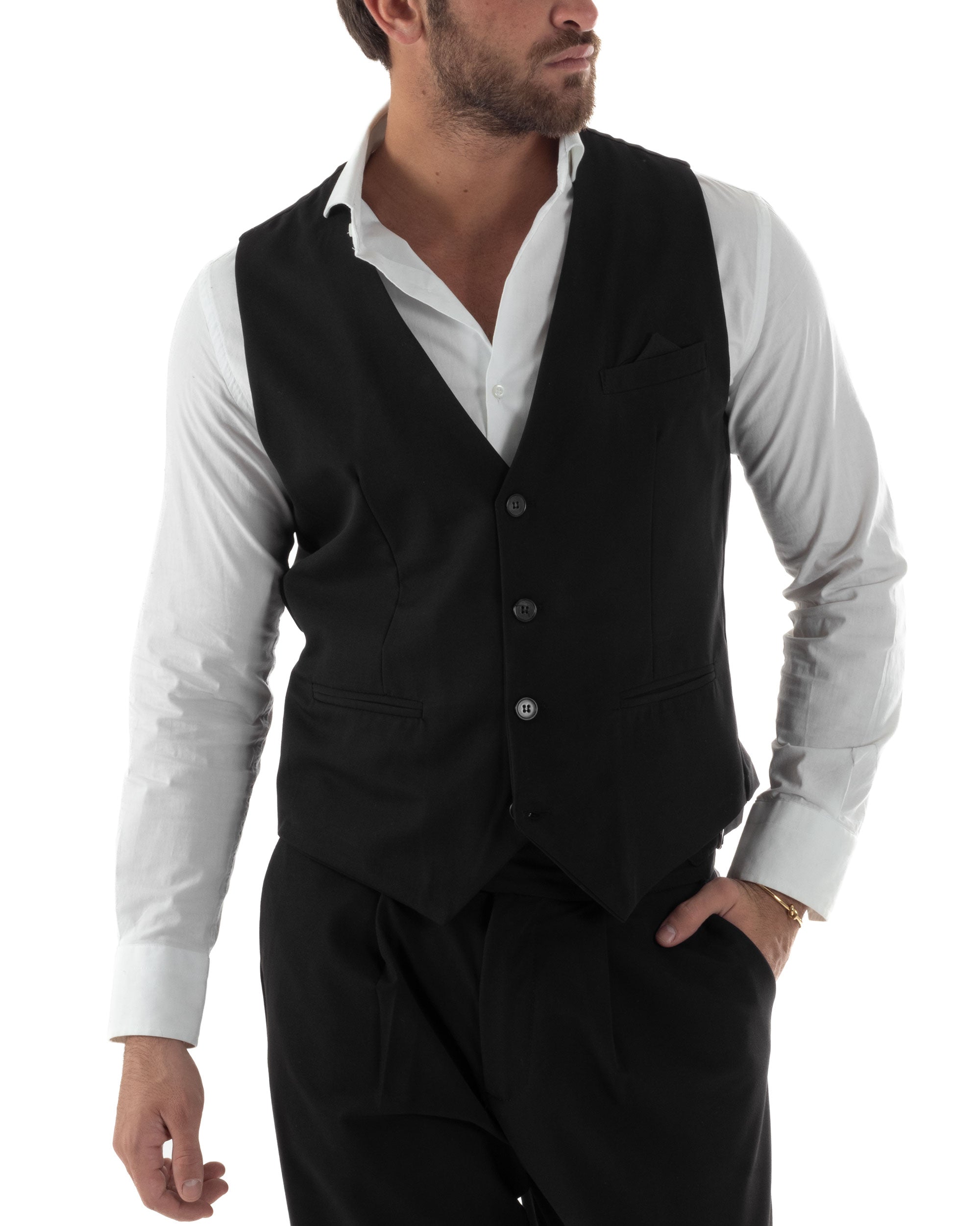 Gilet Uomo Smanicato Regolabile Monopetto Scollo a V Slim Fit Casual Elegante Basic Tinta Unita Nero GIOSAL-G3293A
