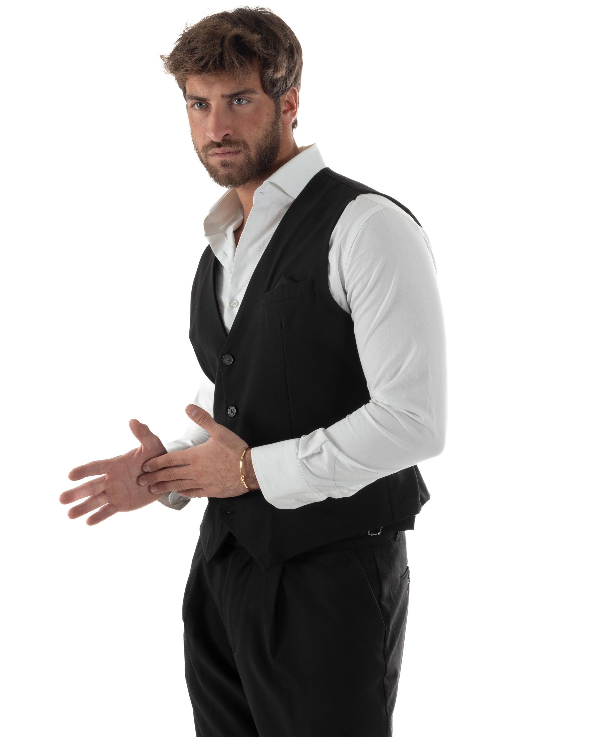 Gilet Uomo Smanicato Regolabile Monopetto Scollo a V Slim Fit Casual Elegante Basic Tinta Unita Nero GIOSAL-G3293A