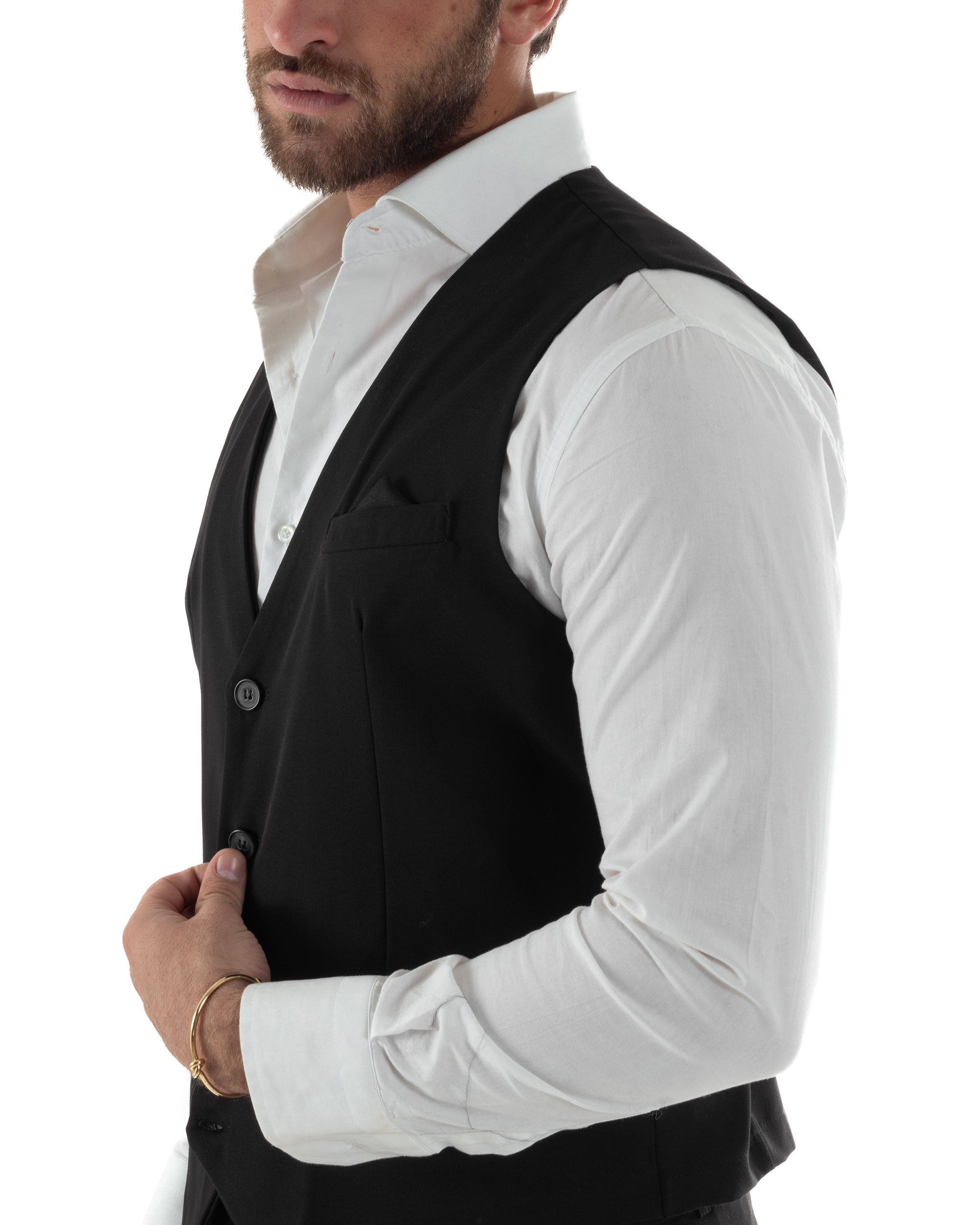 Gilet Uomo Smanicato Regolabile Monopetto Scollo a V Slim Fit Casual Elegante Basic Tinta Unita Nero GIOSAL-G3293A