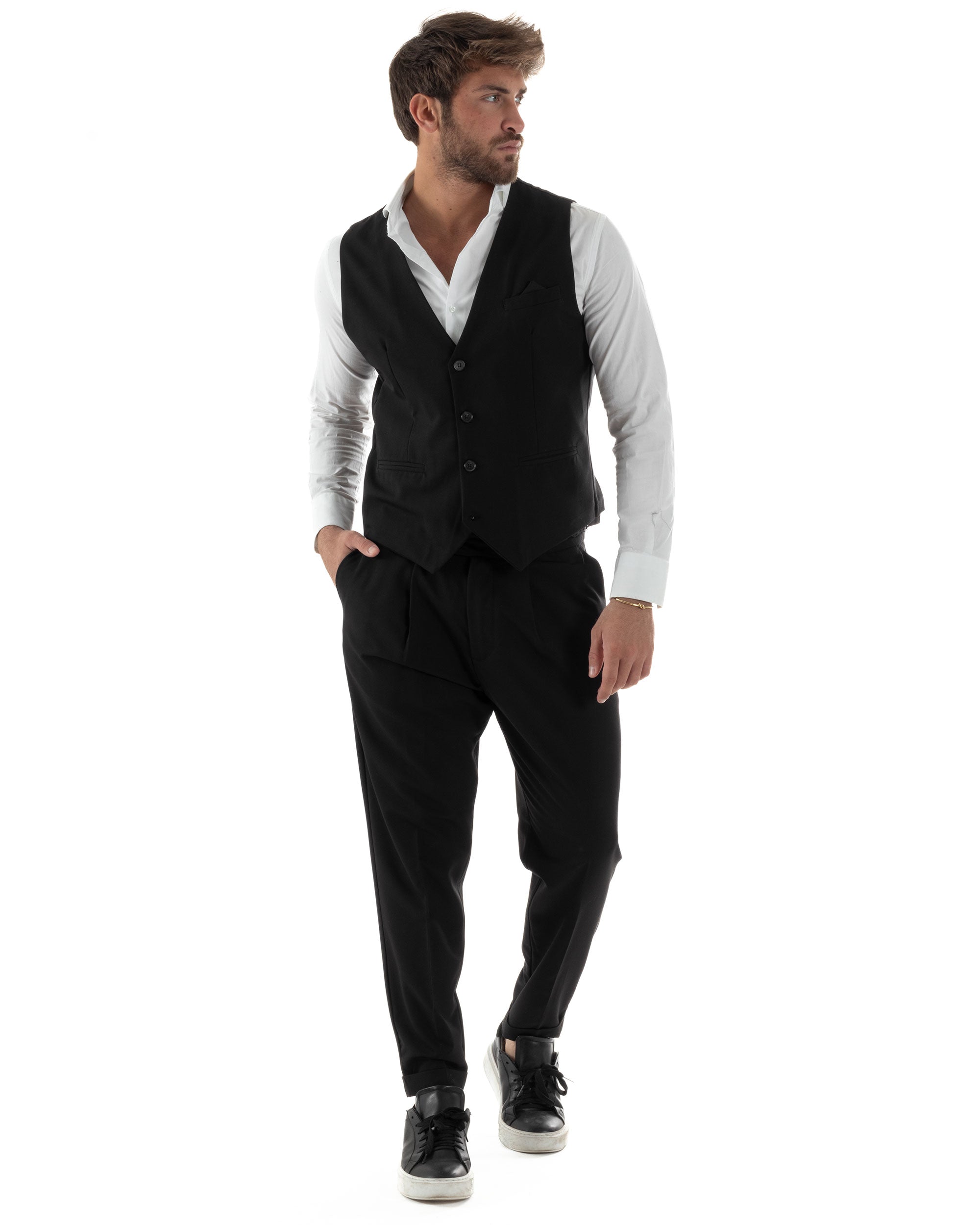 Gilet Uomo Smanicato Regolabile Monopetto Scollo a V Slim Fit Casual Elegante Basic Tinta Unita Nero GIOSAL-G3293A