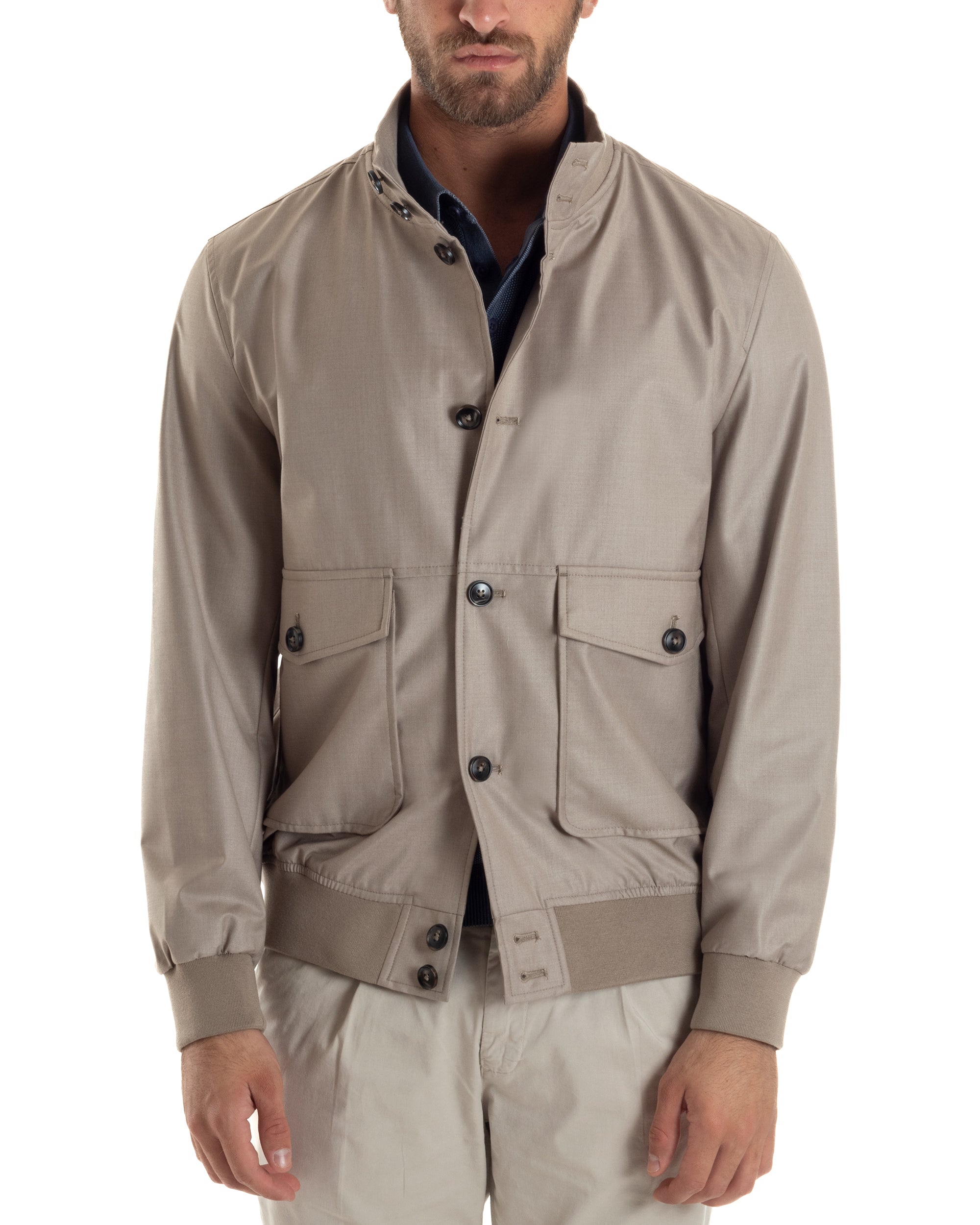 Giubbotto Uomo Giacca Leggera Tessuto Tecnico No Stiro College Impermeabile Con Bottoni Beige G3294A