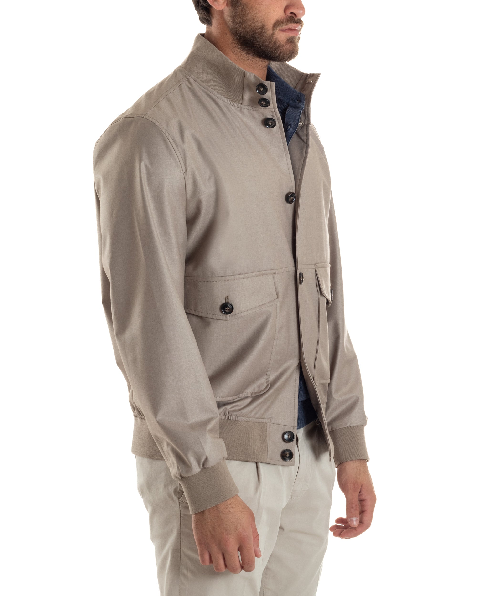 Giubbotto Uomo Giacca Leggera Tessuto Tecnico No Stiro College Impermeabile Con Bottoni Beige G3294A