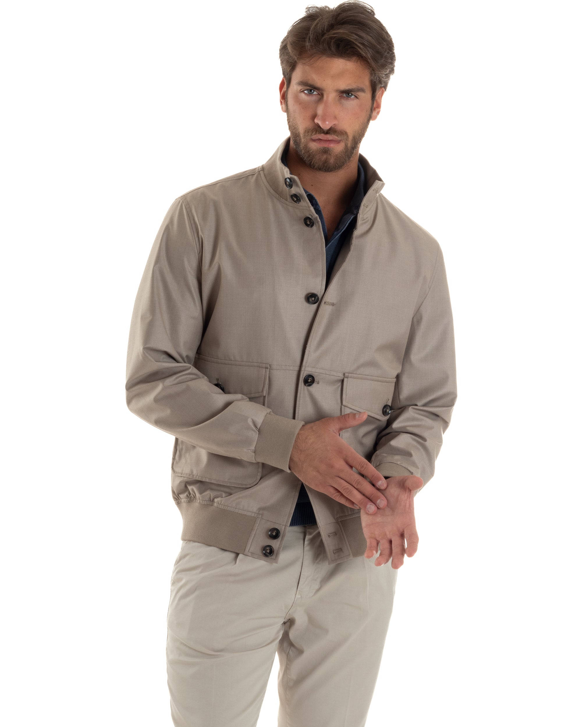 Giubbotto Uomo Giacca Leggera Tessuto Tecnico No Stiro College Impermeabile Con Bottoni Beige G3294A