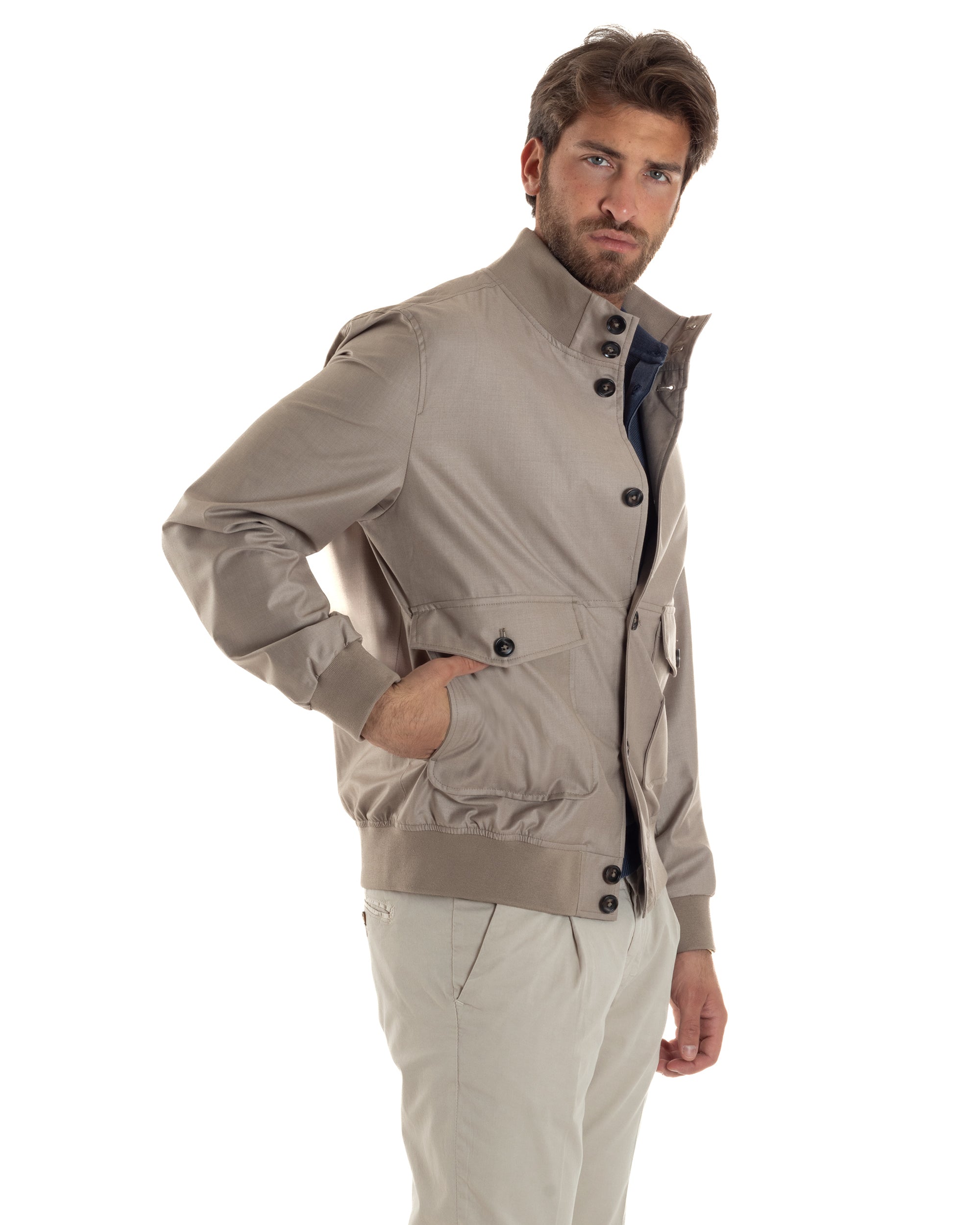 Giubbotto Uomo Giacca Leggera Tessuto Tecnico No Stiro College Impermeabile Con Bottoni Beige G3294A