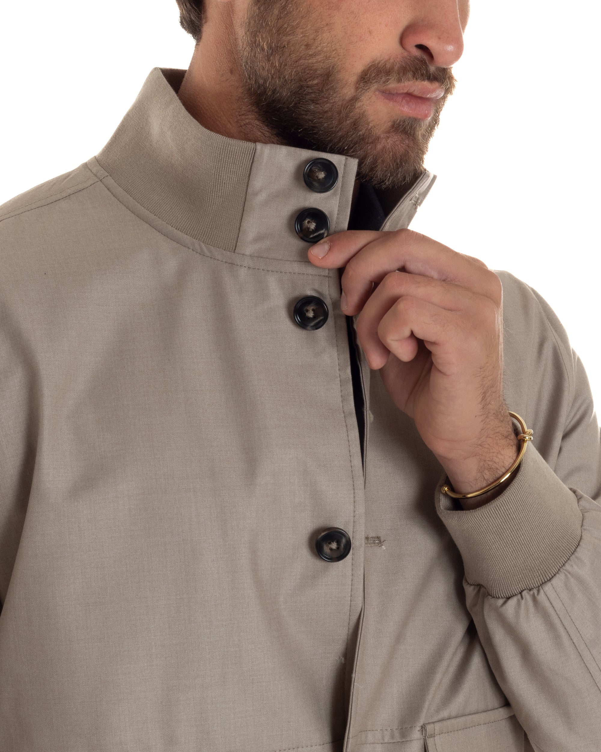 Giubbotto Uomo Giacca Leggera Tessuto Tecnico No Stiro College Impermeabile Con Bottoni Beige G3294A