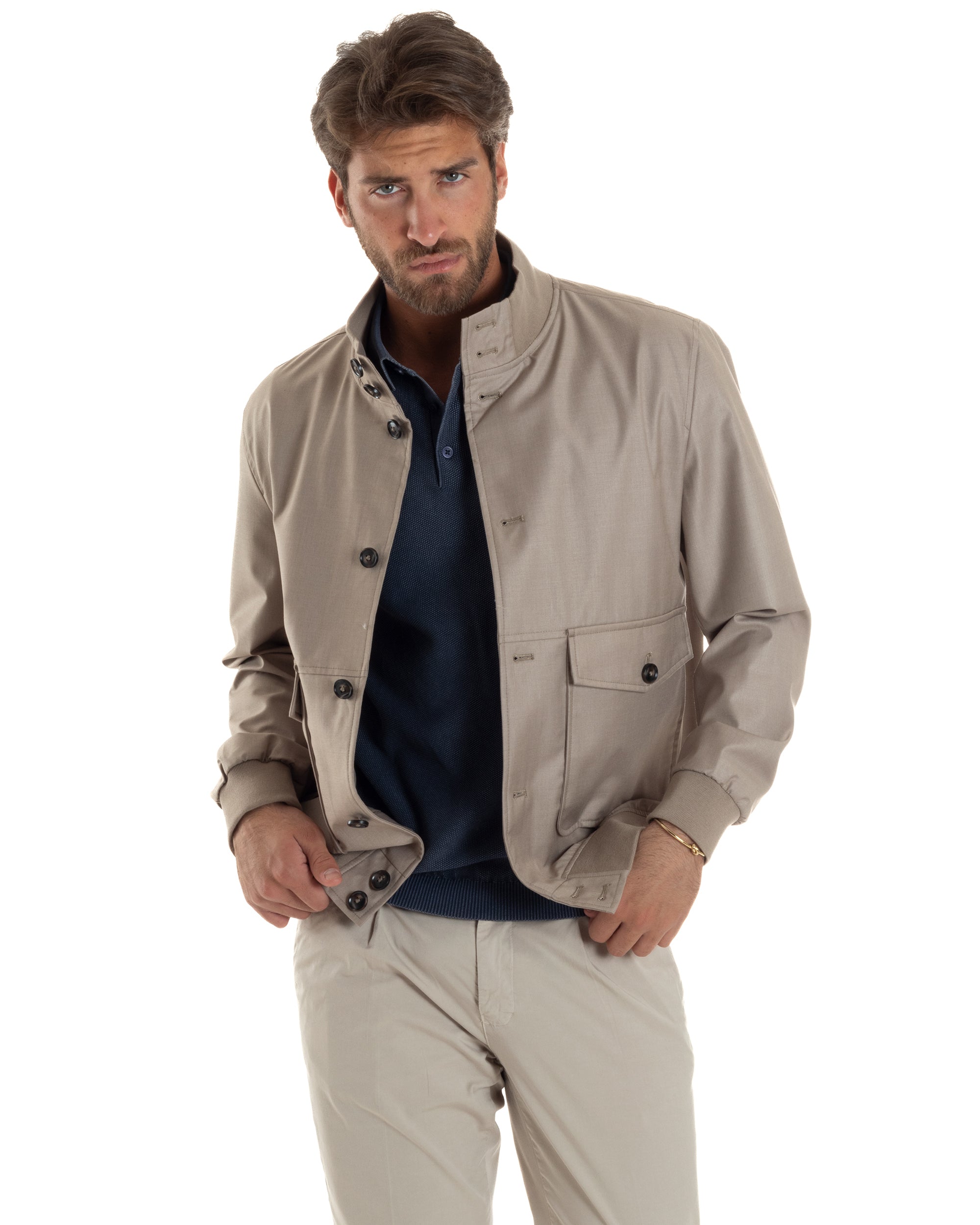 Giubbotto Uomo Giacca Leggera Tessuto Tecnico No Stiro College Impermeabile Con Bottoni Beige G3294A