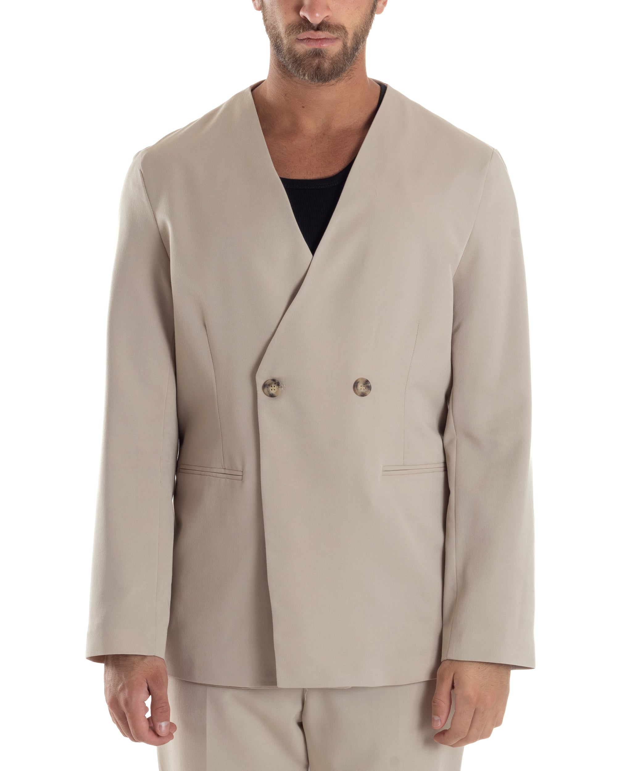 Giacca Doppiopetto Uomo Viscosa Senza Rever Relaxed Fit Casual Tinta Unita Beige GIOSAL-G3296A