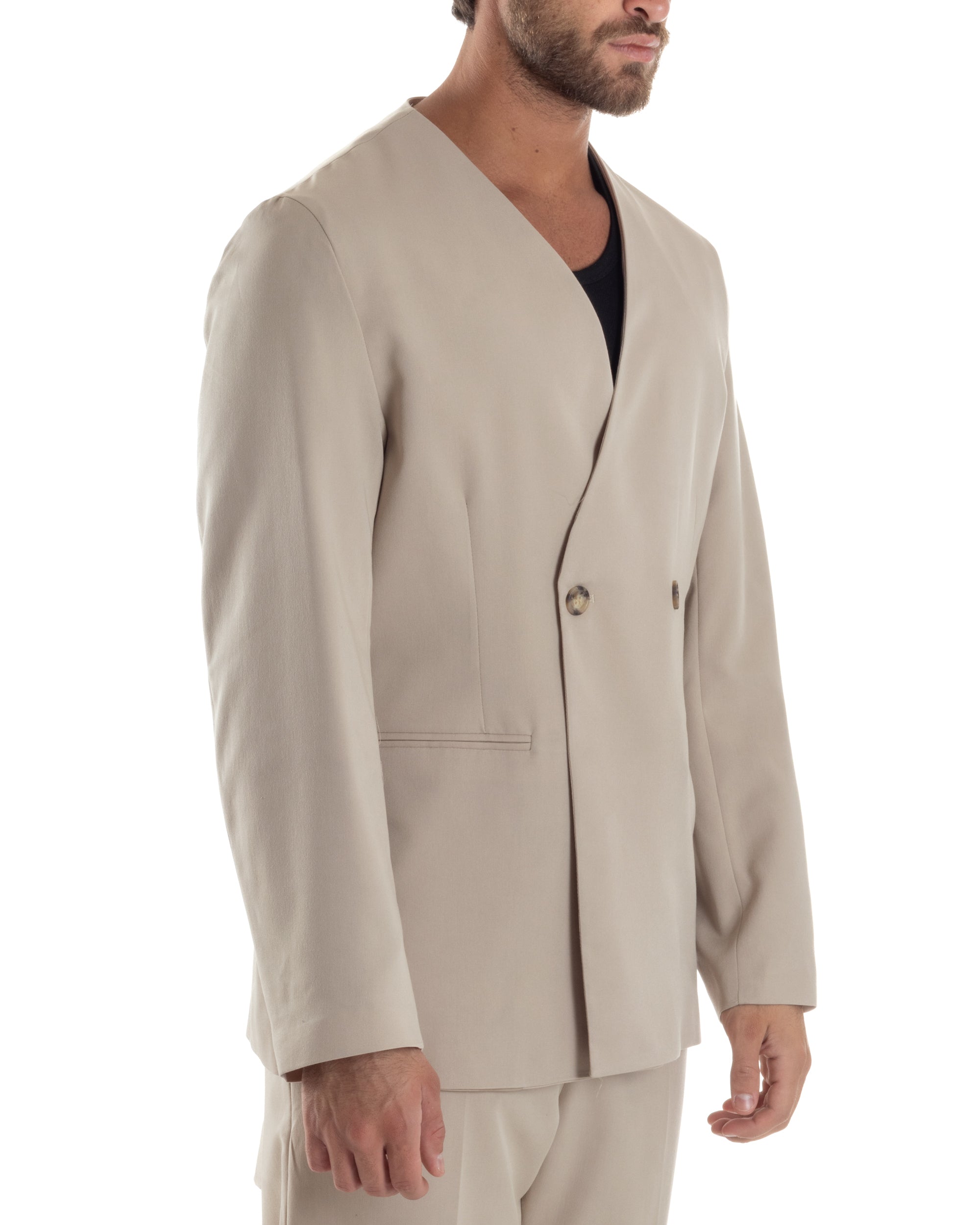Giacca Doppiopetto Uomo Viscosa Senza Rever Relaxed Fit Casual Tinta Unita Beige GIOSAL-G3296A
